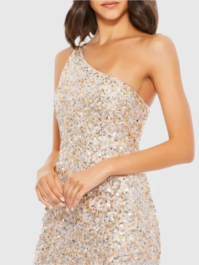 Beige Sequin One Shoulder Gown With Slit - Mac Duggal