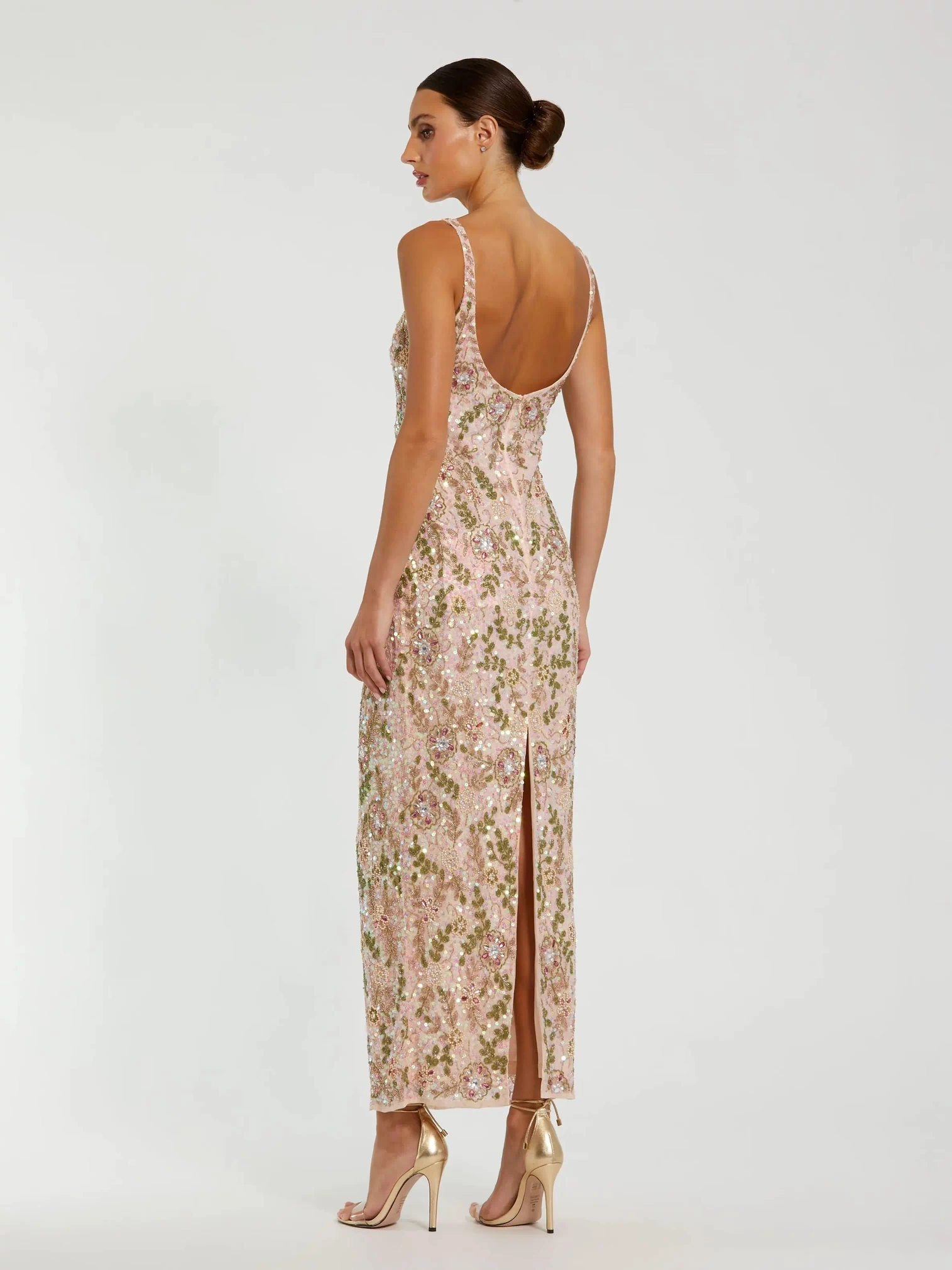 Pink Sleeveless Hand Beaded Floral Midi Dress - Mac Duggal