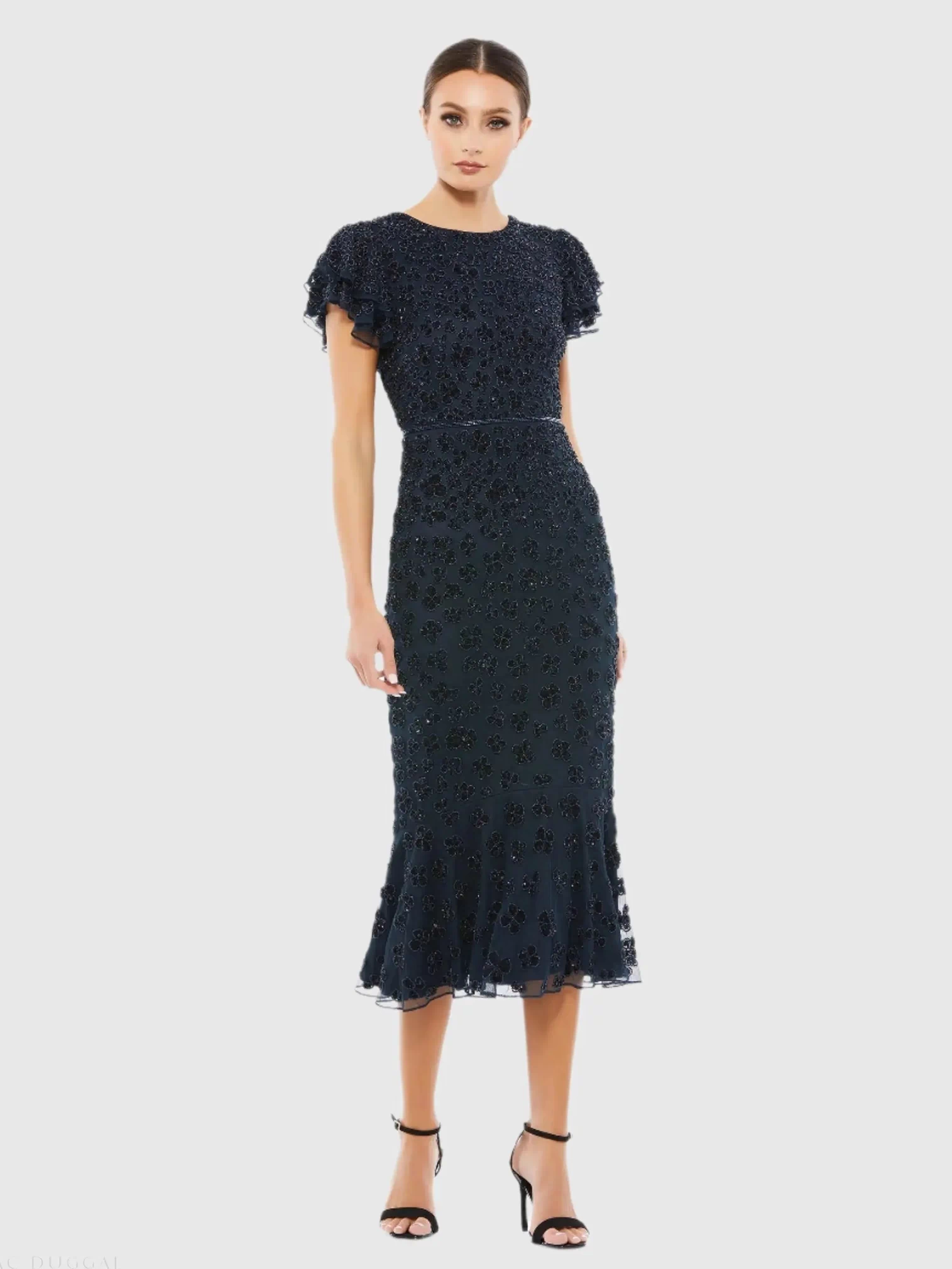 Navy Hand Beaded Flounce Sleeve Midi Dress
