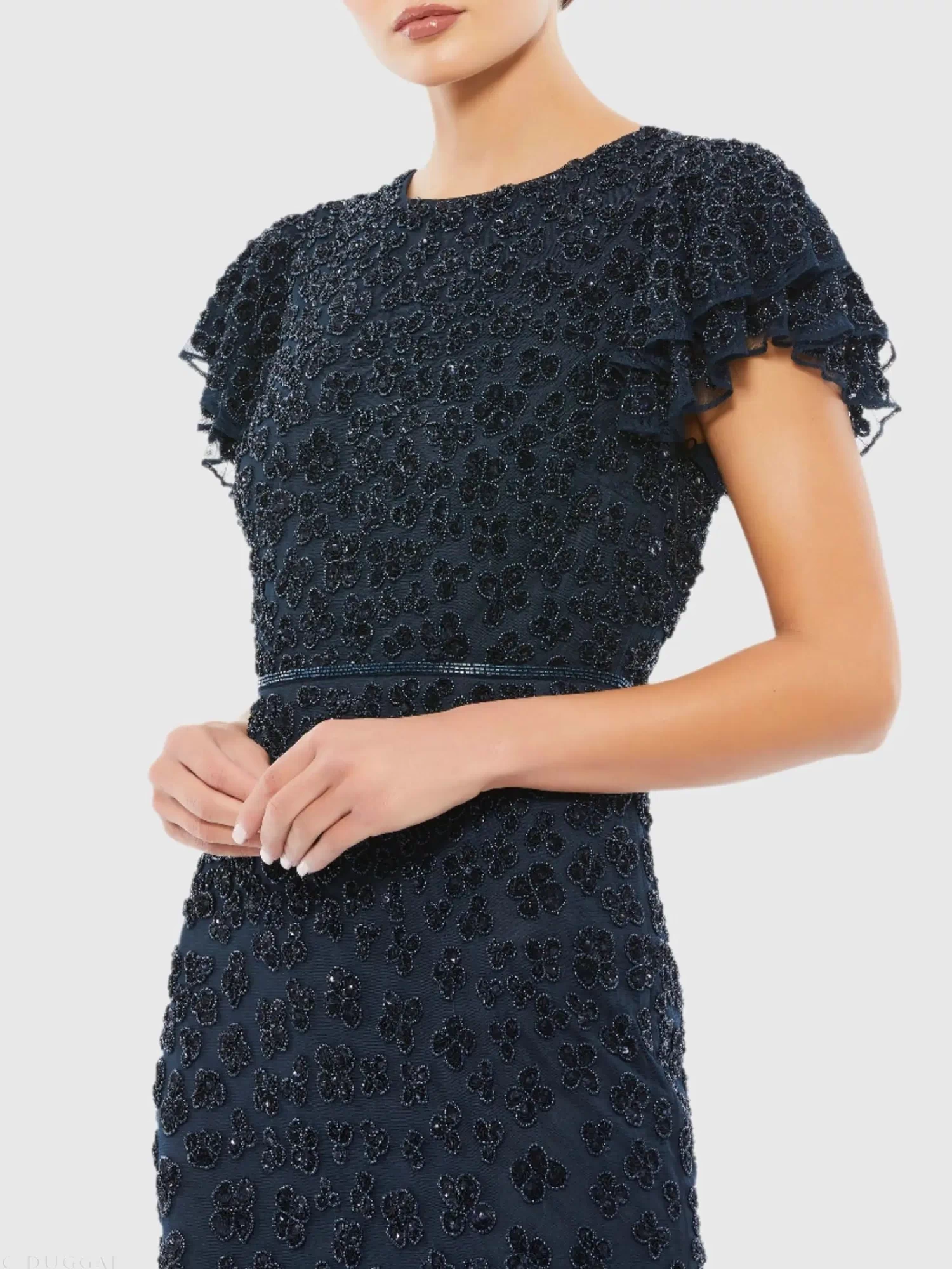 Hand Beaded Flounce Sleeve Midi Dress (Rue Gilt) - Mac Duggal