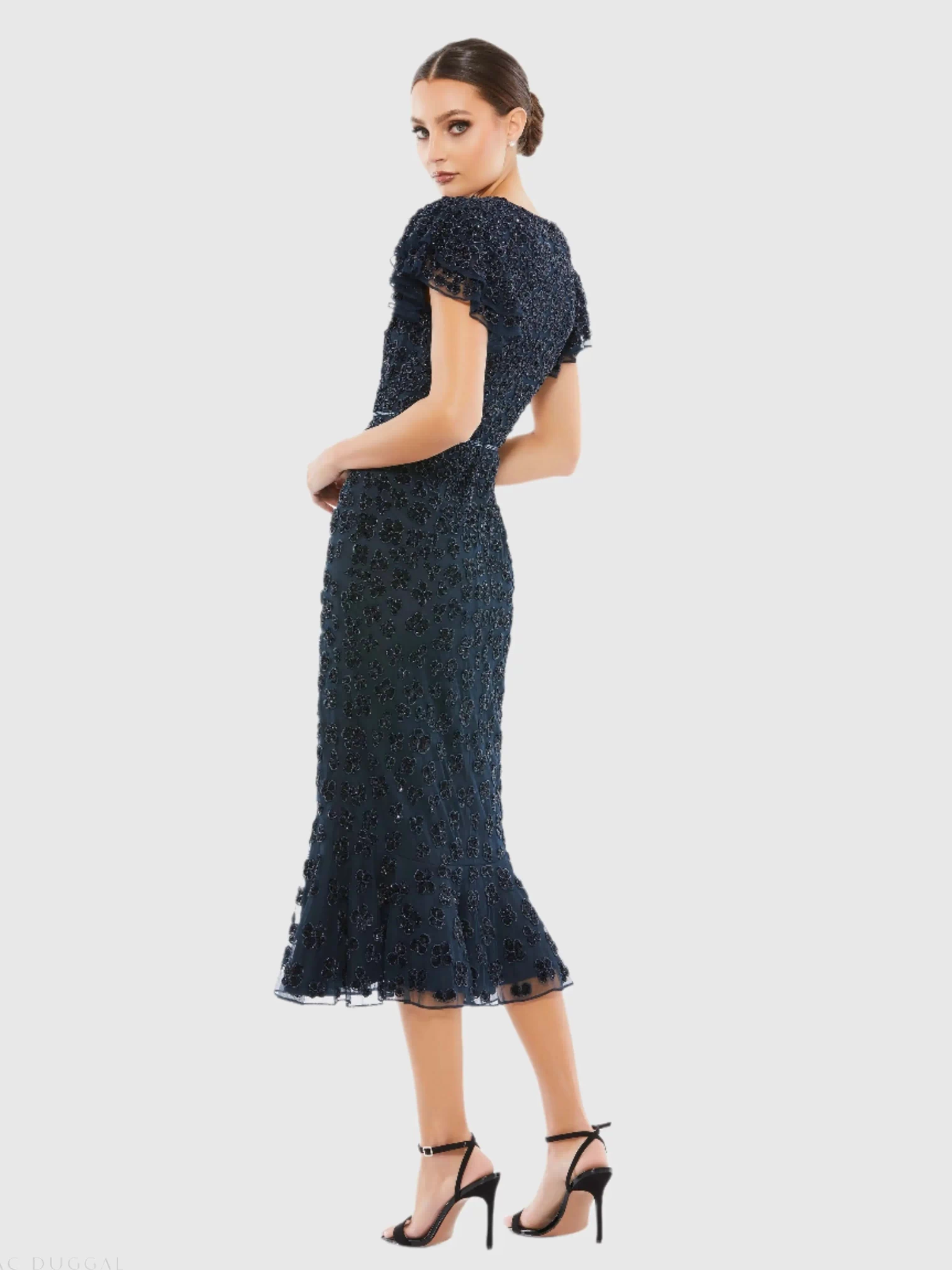 Hand Beaded Flounce Sleeve Midi Dress (Rue Gilt) - Mac Duggal