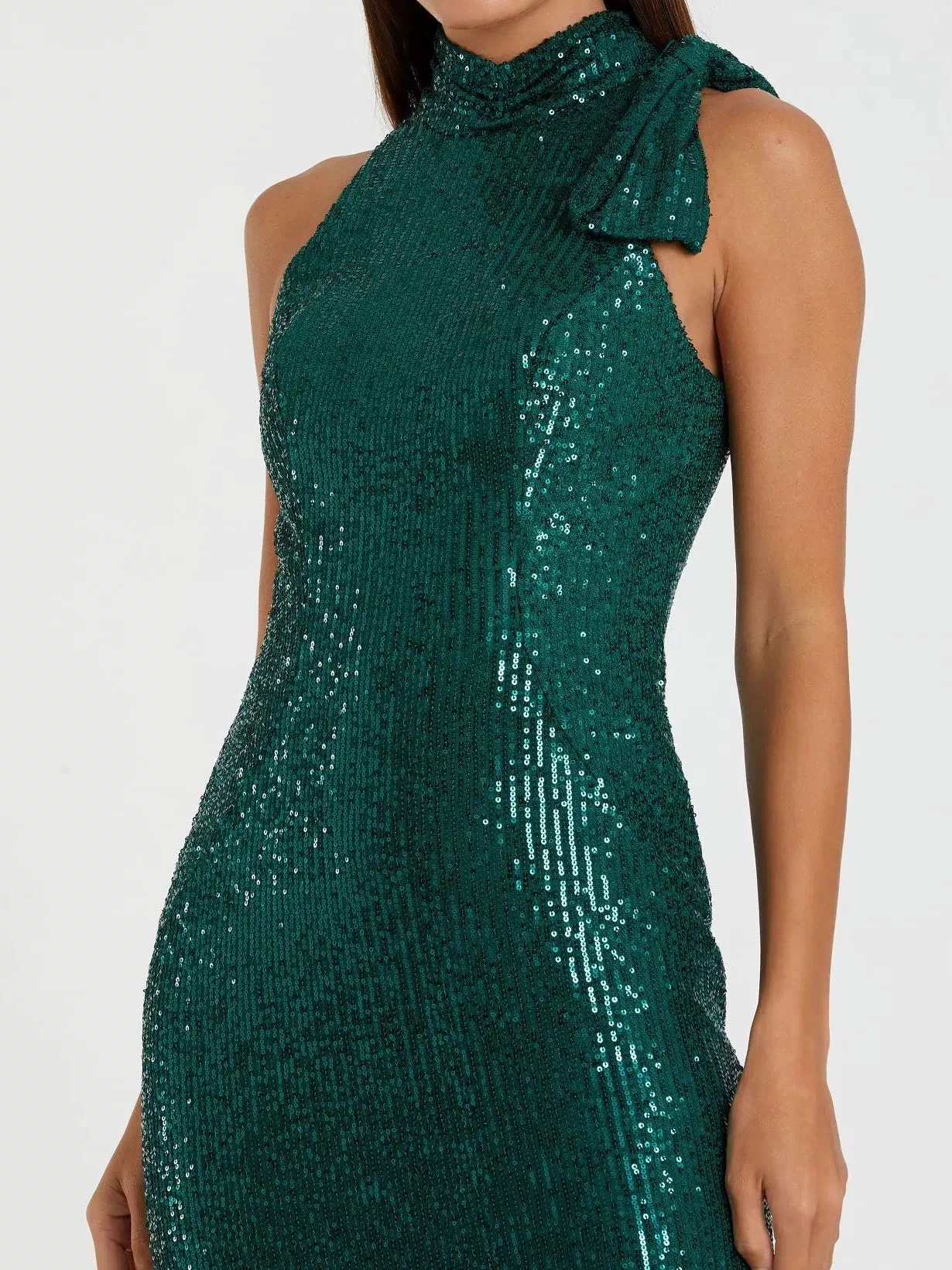 Green Soft Tie Halter Neck Sequin Gown - Ieena for Mac Duggal