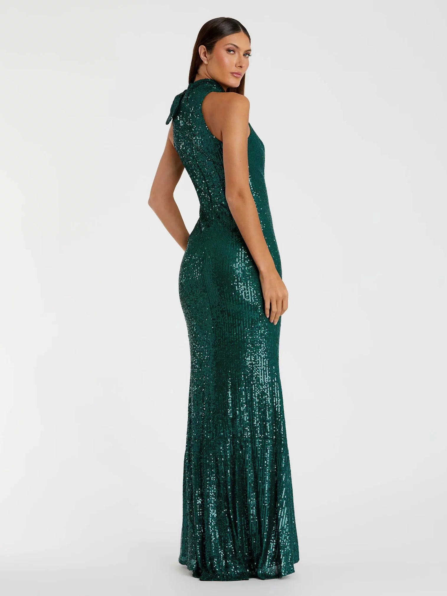 Green Soft Tie Halter Neck Sequin Gown - Ieena for Mac Duggal