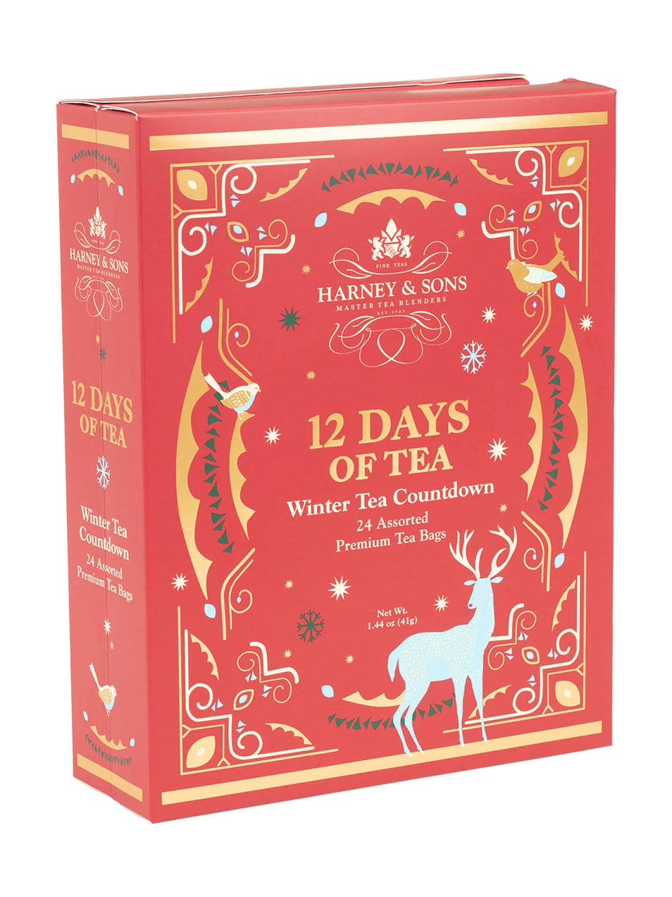 Harney & Sons Fine Teas- 12 Days of Tea- Winter Tea Countdown- 24 Assorted Premium Teabags- Red box with gold, blue, and green highlights- Pictured at 3/4 angle