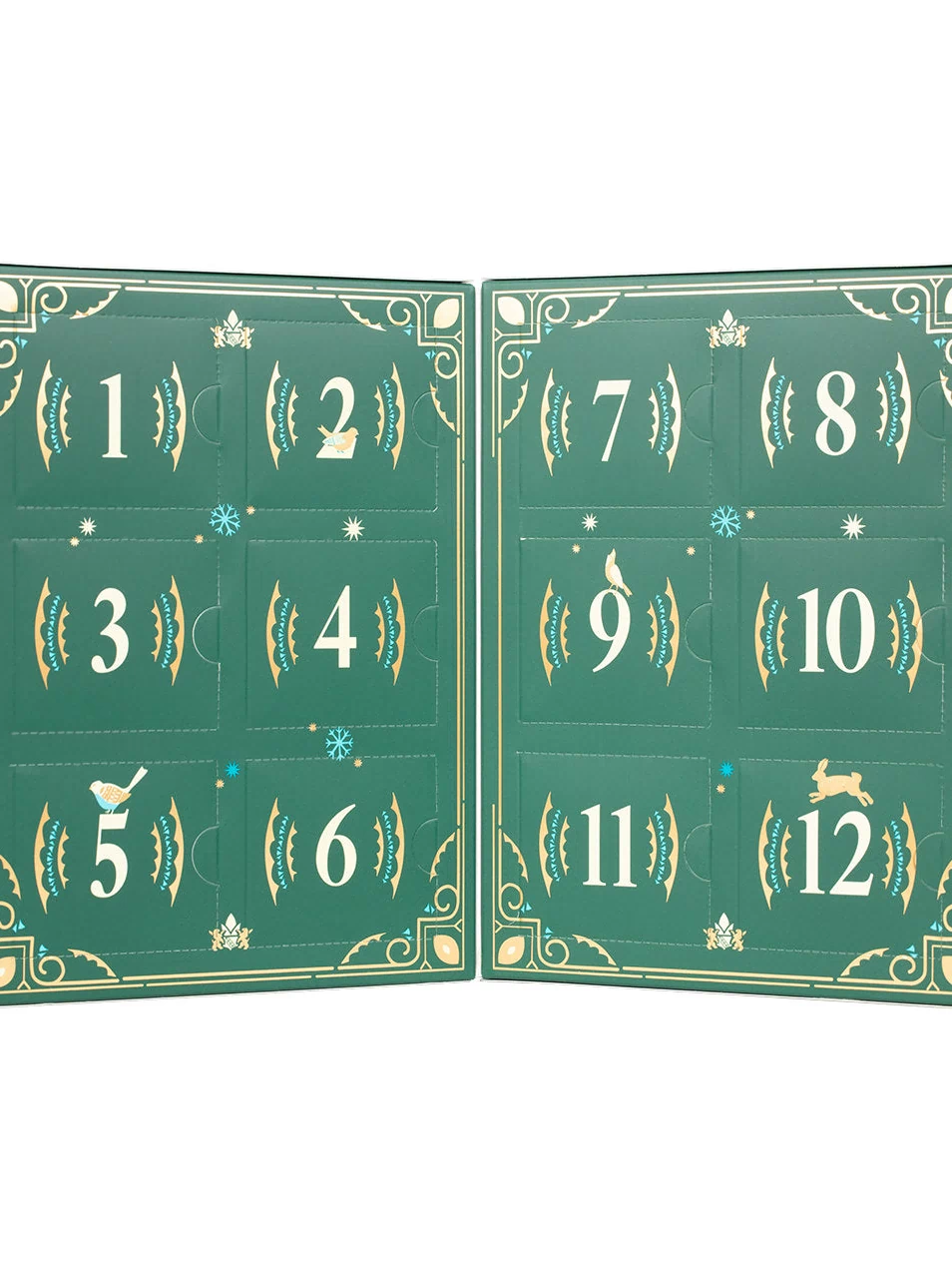 Harney & Sons Fine Teas- 12 Days of Tea- Winter Tea Countdown- 24 Assorted Premium Teabags- Green box with gold and blue highlights- Open with 12 doors visible