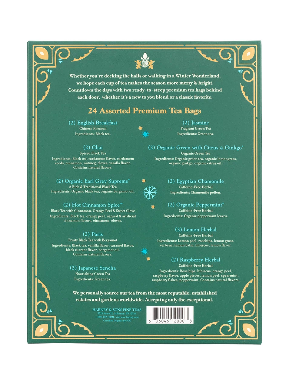 Harney & Sons Fine Teas- 12 Days of Tea- Winter Tea Countdown- 24 Assorted Premium Teabags- Greenbox with gold and blue highlights- Back of box 