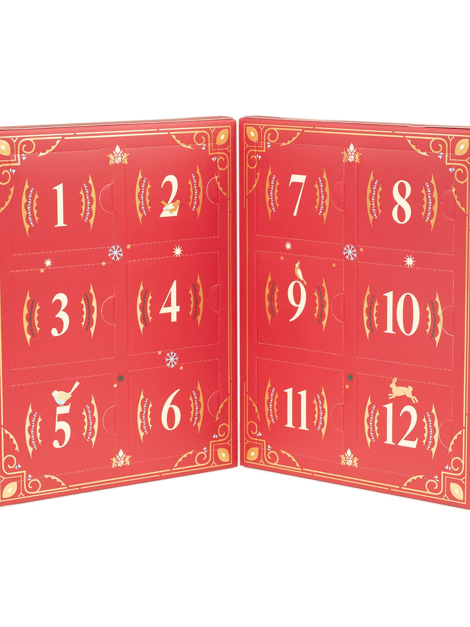 Harney & Sons Fine Teas- 12 Days of Tea- Winter Tea Countdown- 24 Assorted Premium Teabags- Red box with gold and white highlights- Open with 12 doors visible