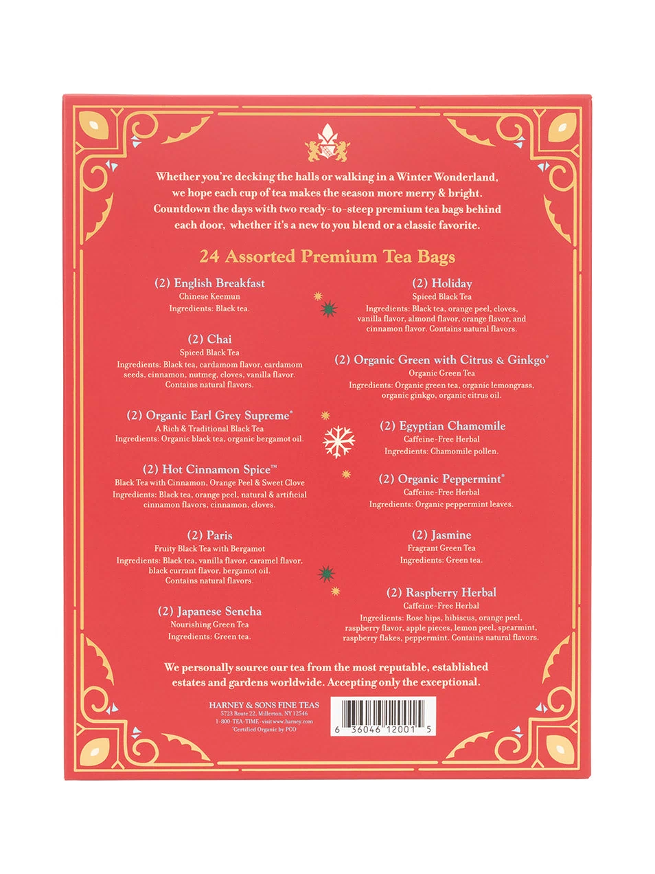 Harney & Sons Fine Teas- 12 Days of Tea- Winter Tea Countdown- 24 Assorted Premium Teabags- Red box with gold and blue highlights- Back of box 