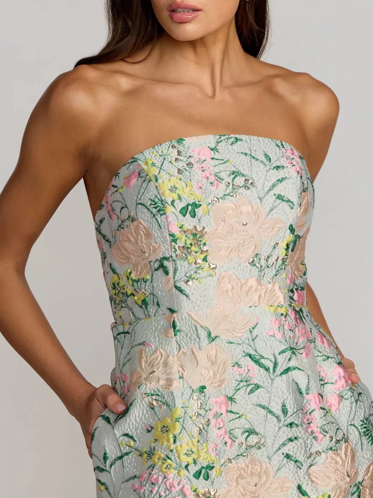 Multicolor Strapless Brocade Midi Dress With Pockets - Mac Duggal