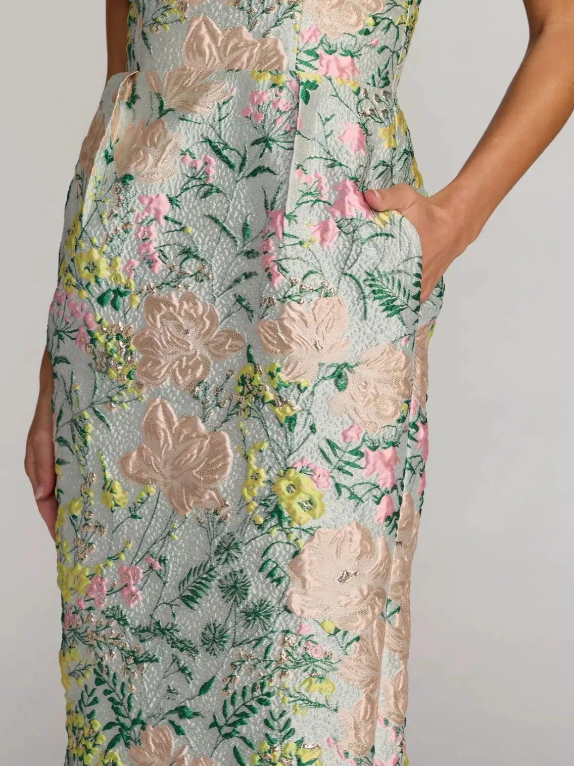 Multicolor Strapless Brocade Midi Dress With Pockets - Mac Duggal