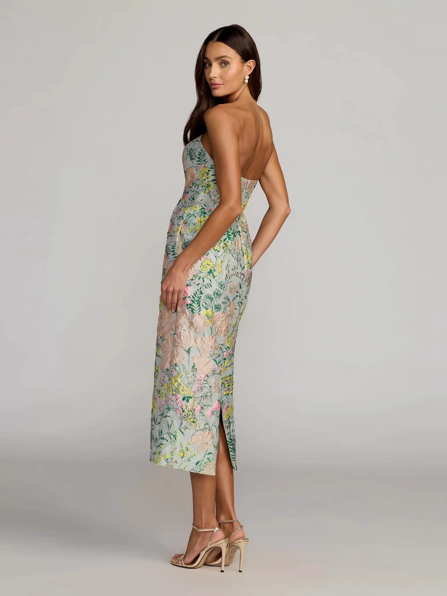 Multicolor Strapless Brocade Midi Dress With Pockets - Mac Duggal