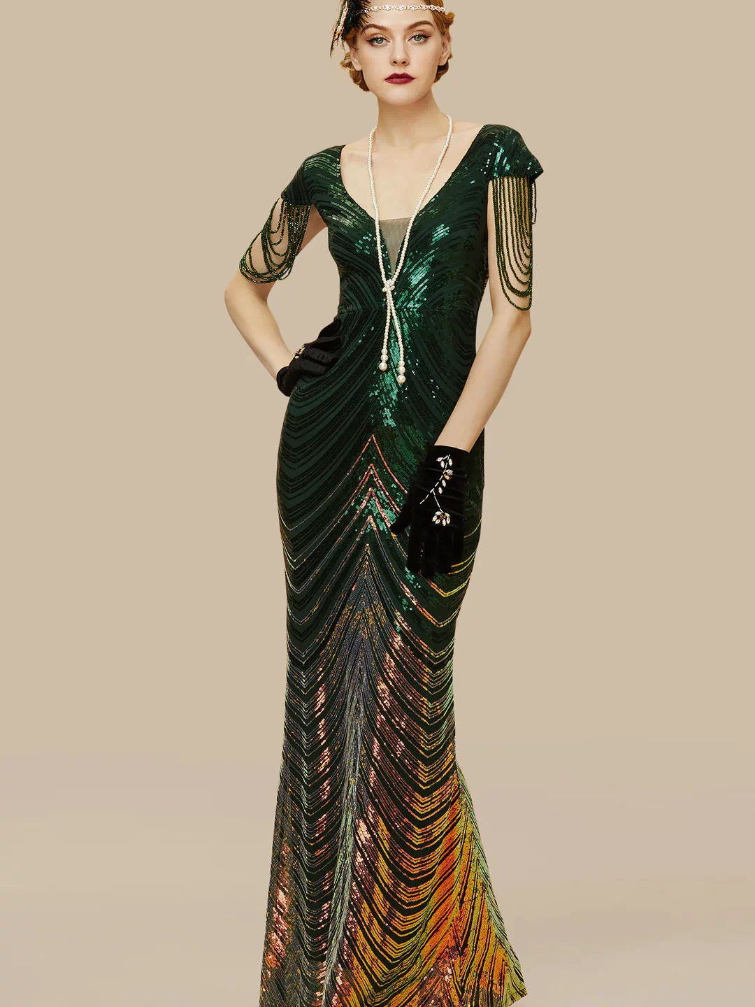 Sheer Scoop Neck Iridescent Sequin Dress
