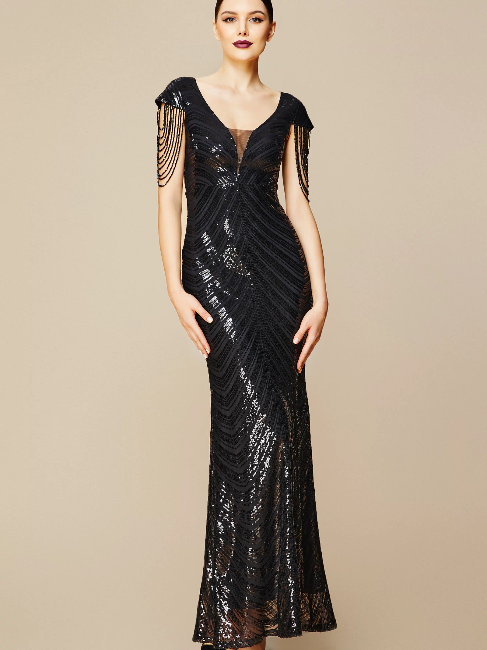 Sheer Scoop Neck Iridescent Sequin Dress | Black | 2