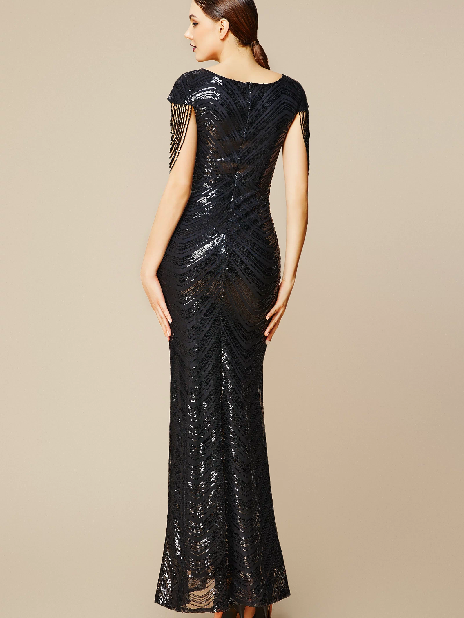 Sheer Scoop Neck Iridescent Sequin Dress | Black | 4