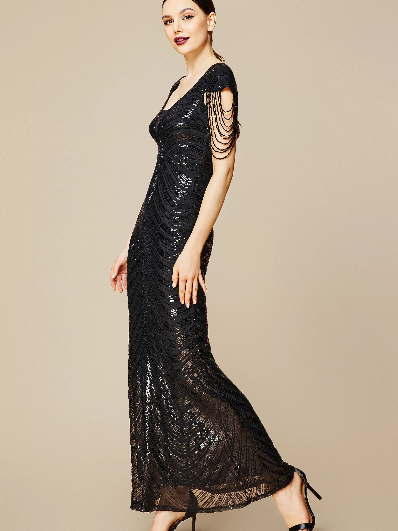 Sheer Scoop Neck Iridescent Sequin Dress | Black | 3