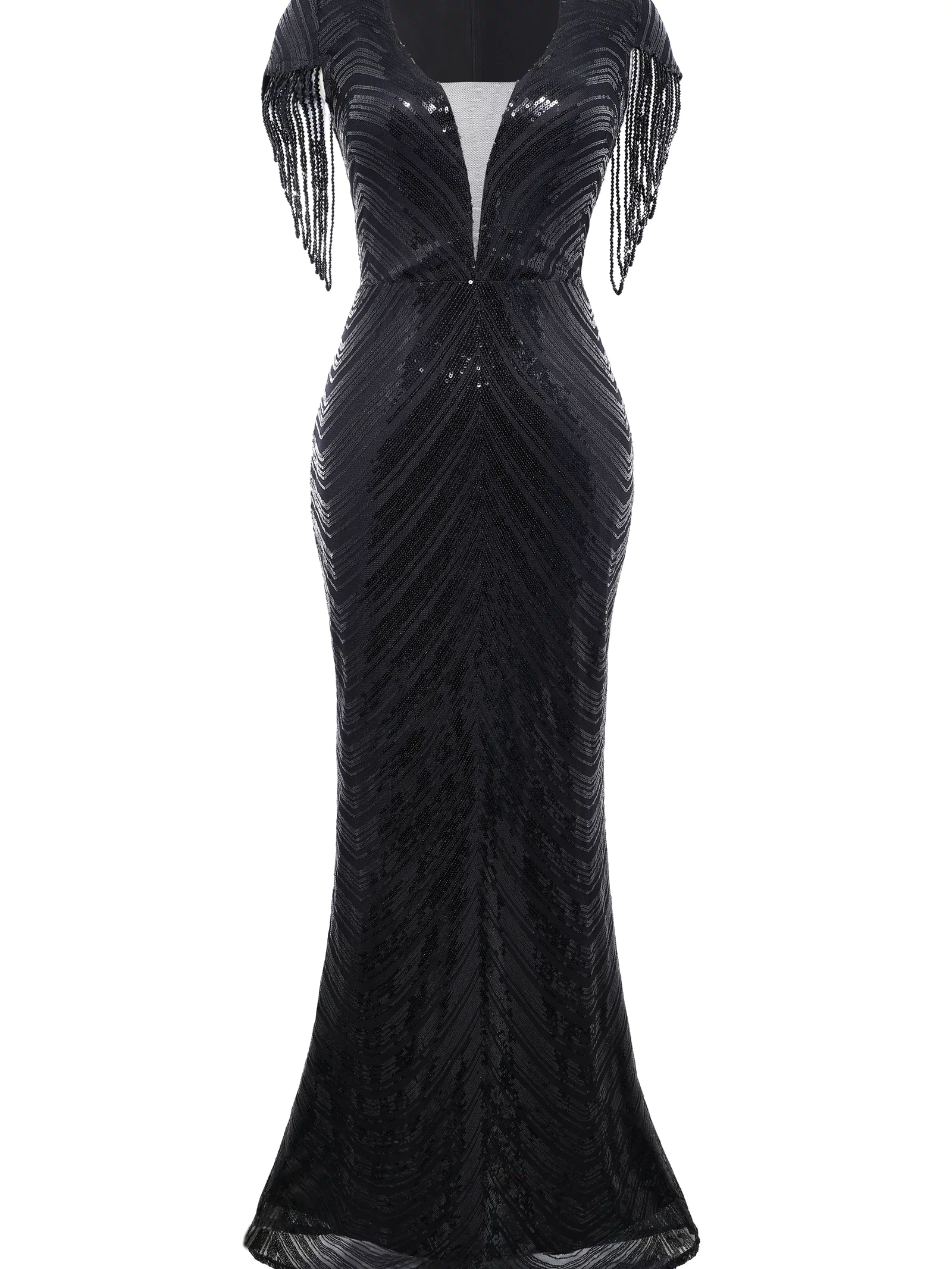 Sheer Scoop Neck Iridescent Sequin Dress | Black | 1
