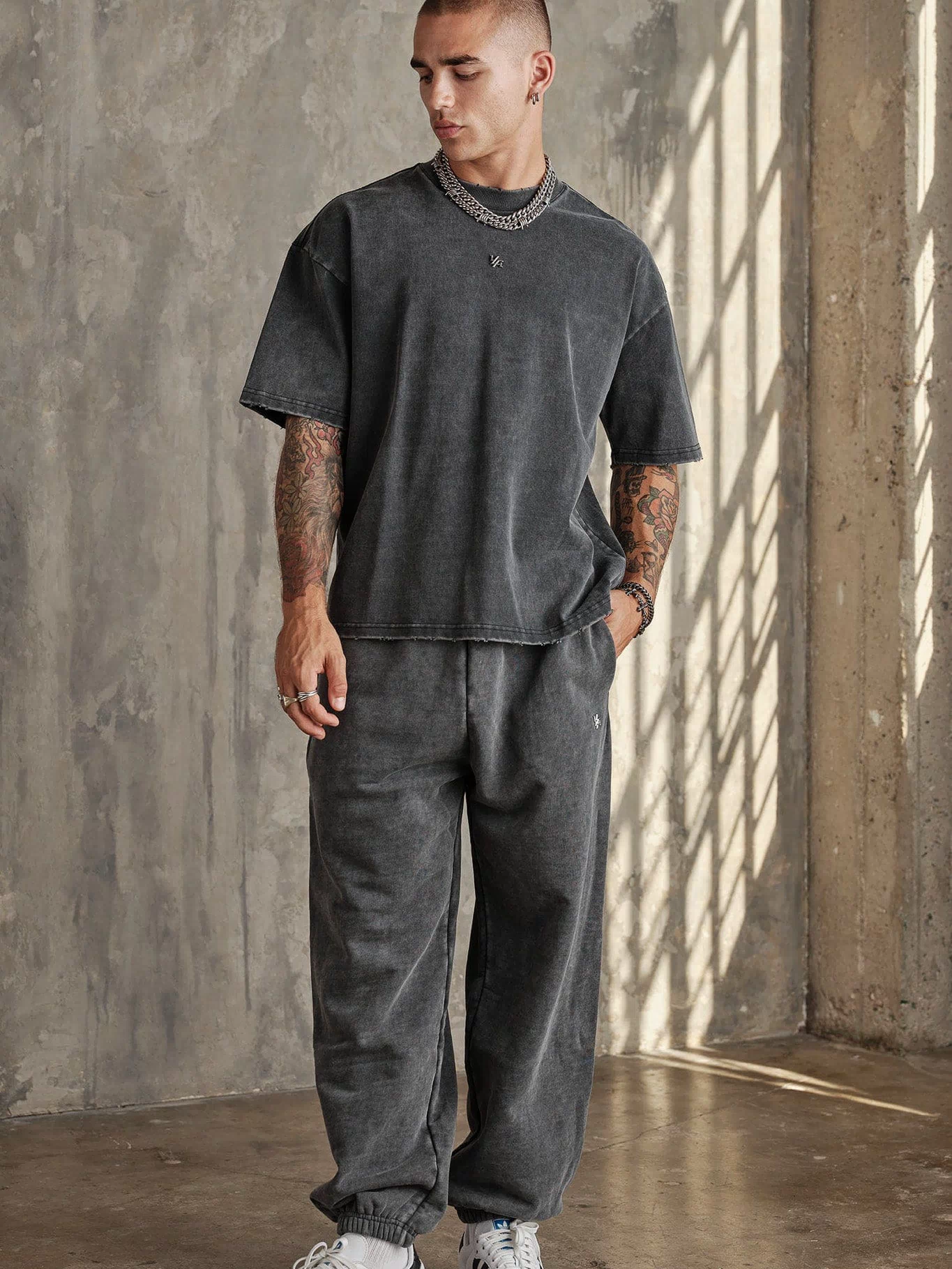2069 - Elevated Essentials - Baggy Joggers — oversized, comfortable fit with cuffed ankles, structured heavyweight cotton, and subtle “Elevated” branding for a premium, versatile look in Grey Wash