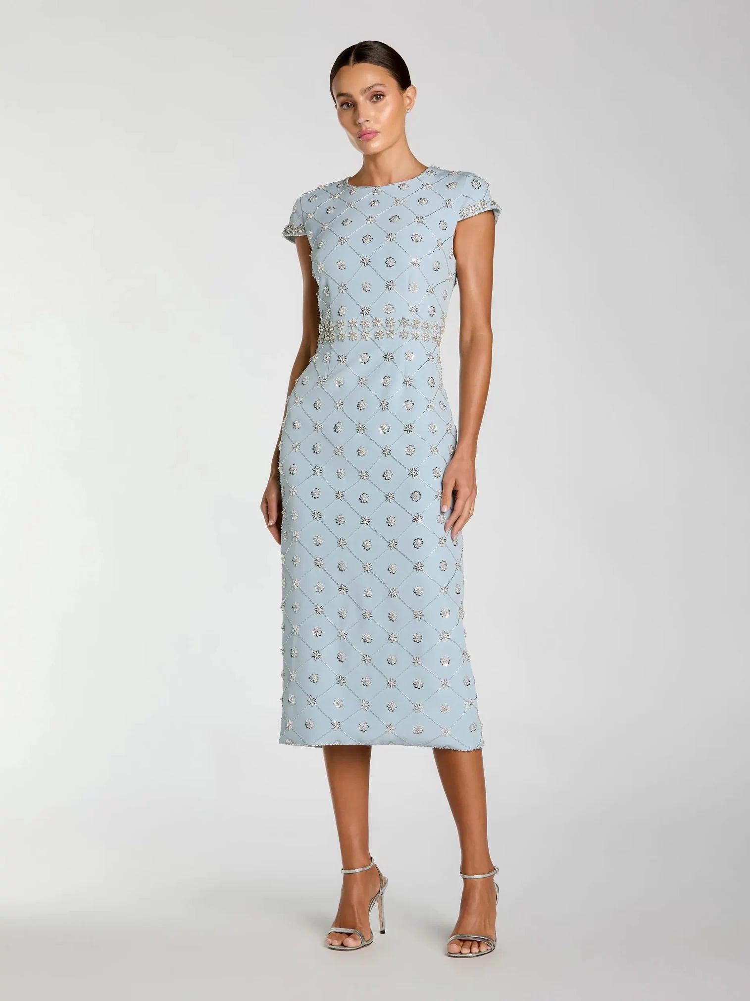 Blue Hand Embellished High Neck Midi Dress