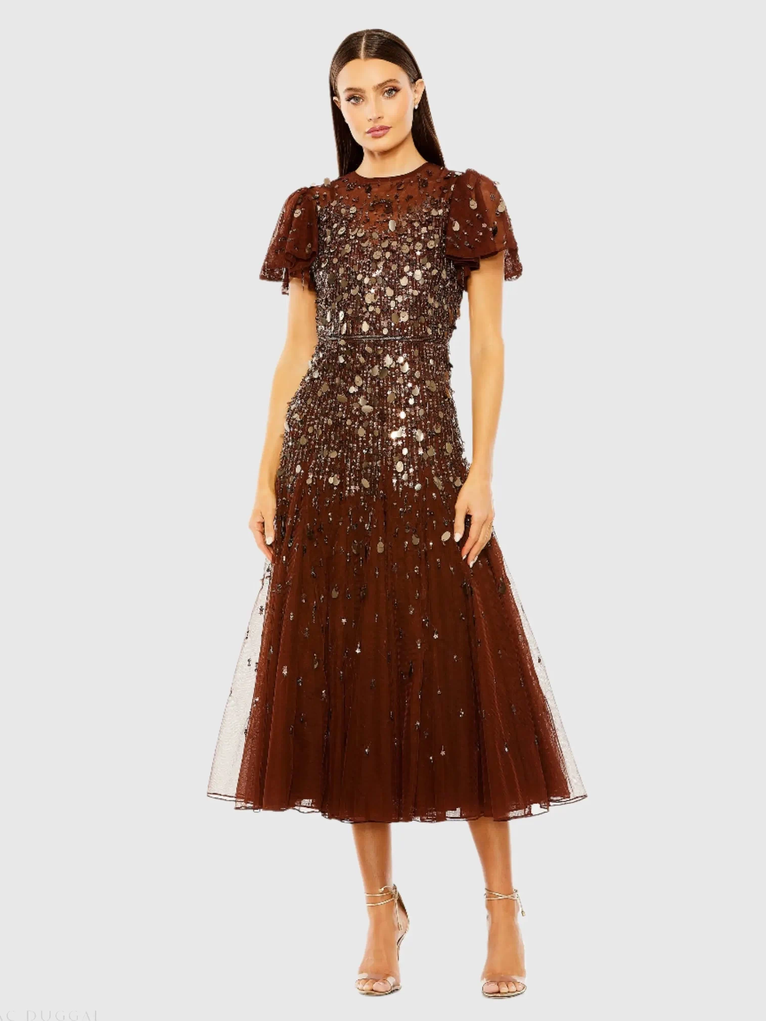 Brown High Neck Flutter Sleeve Embellished Midi Dress