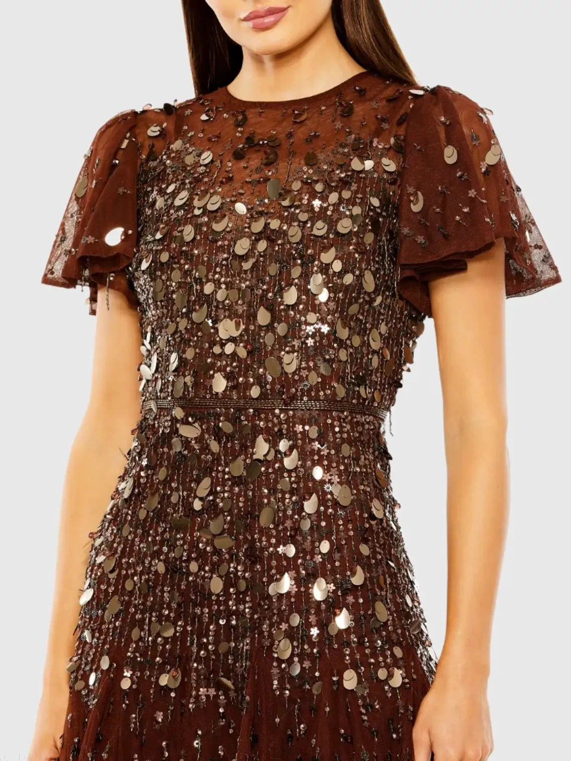 Brown High Neck Flutter Sleeve Beaded Dress - Mac Duggal