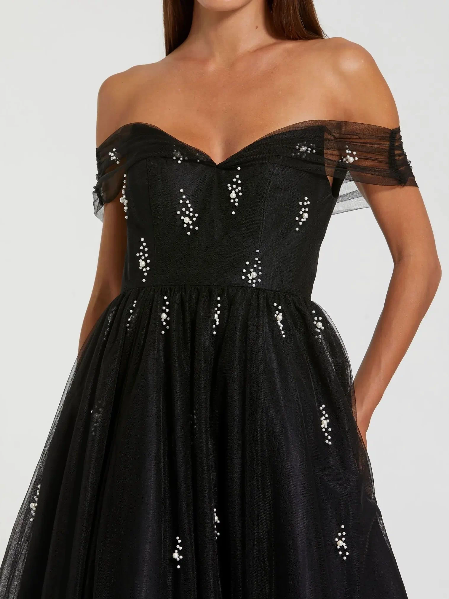 Black Off The Shoulder Embellished Tulle Cocktail Dress - Ieena for Mac Duggal