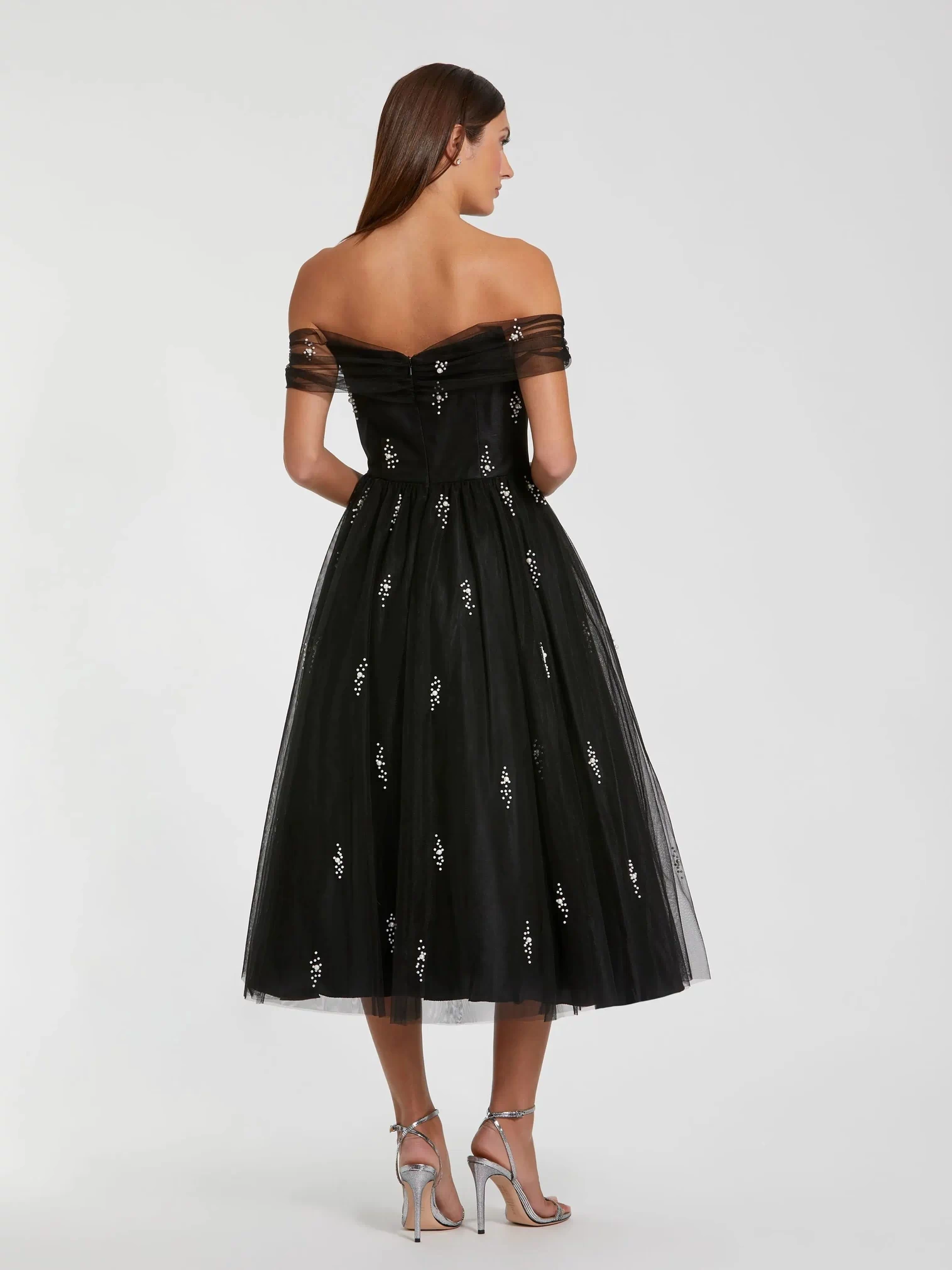 Black Off The Shoulder Embellished Tulle Cocktail Dress - Ieena for Mac Duggal