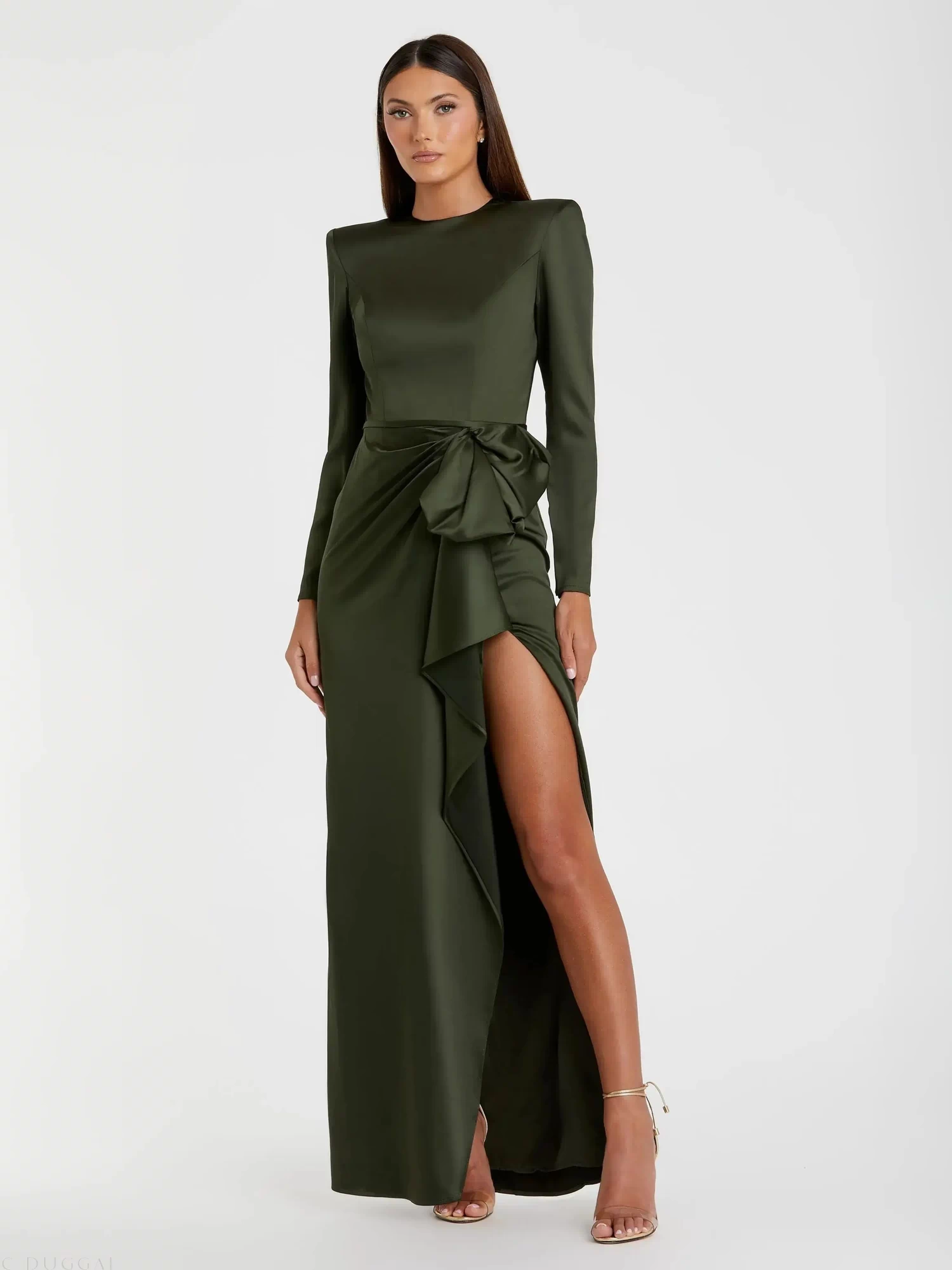 Olive Green Long Sleeve Satin Structured Column Gown