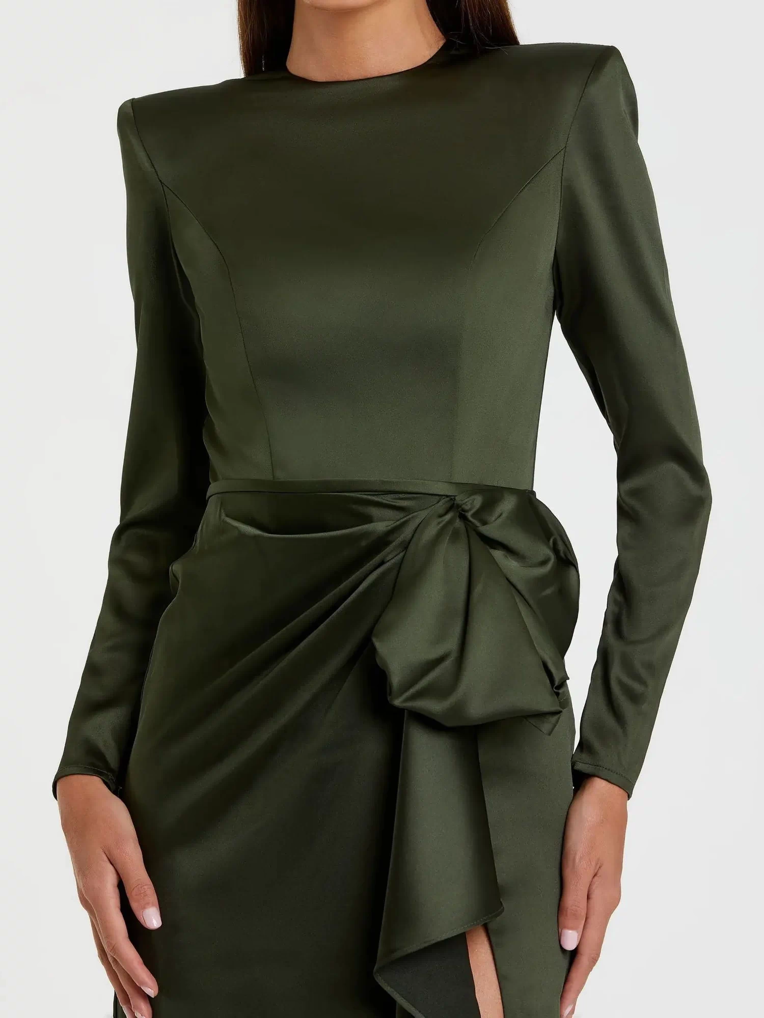 Green Long Sleeve Satin Structured Bow Draped Column Gown - Ieena for Mac Duggal