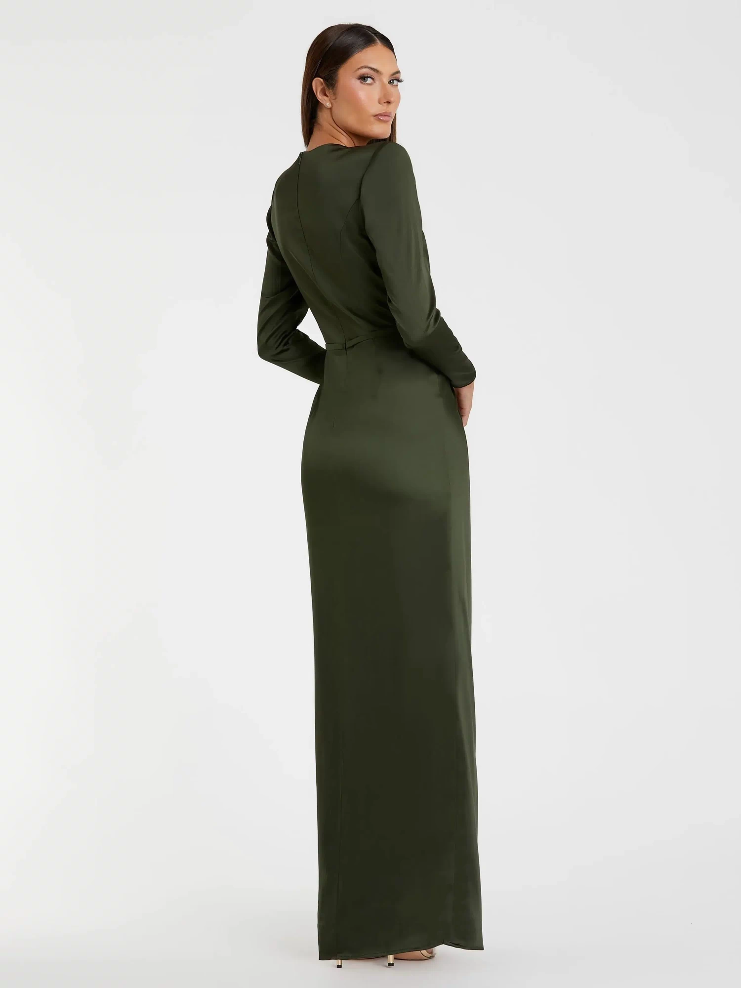 Green Long Sleeve Satin Structured Bow Draped Column Gown - Ieena for Mac Duggal