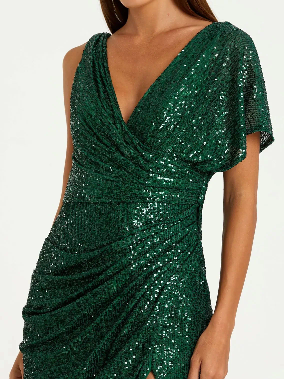 Green Sequined Asymmetrical Draped Trumpet Gown - Mac Duggal