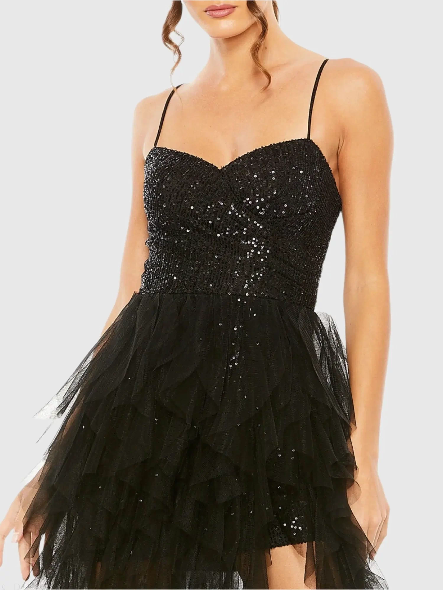 Black Sequin A-Line Dress with High-Low Ruffle Skirt Ieena for Mac Duggal