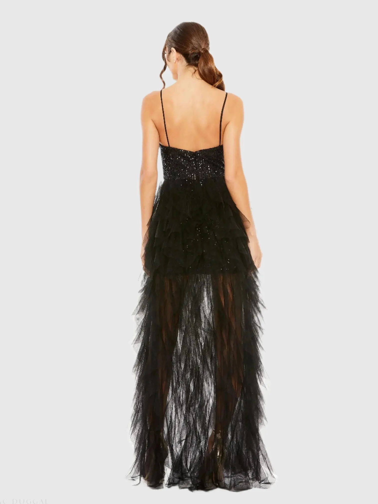 Black Sequin A-Line Dress with High-Low Ruffle Skirt Ieena for Mac Duggal