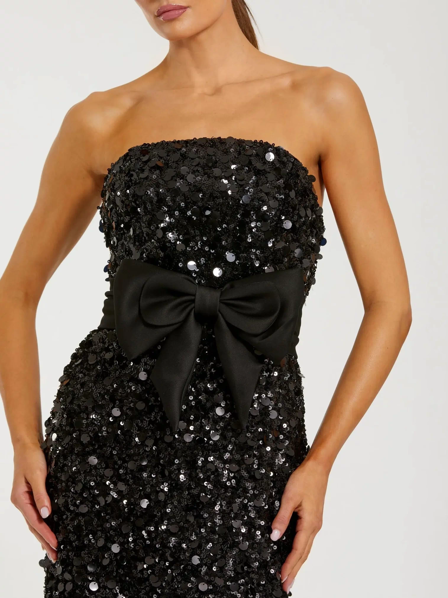 Black Strapless Sequin Column Evening Gown With Bow Ieena for Mac Duggal