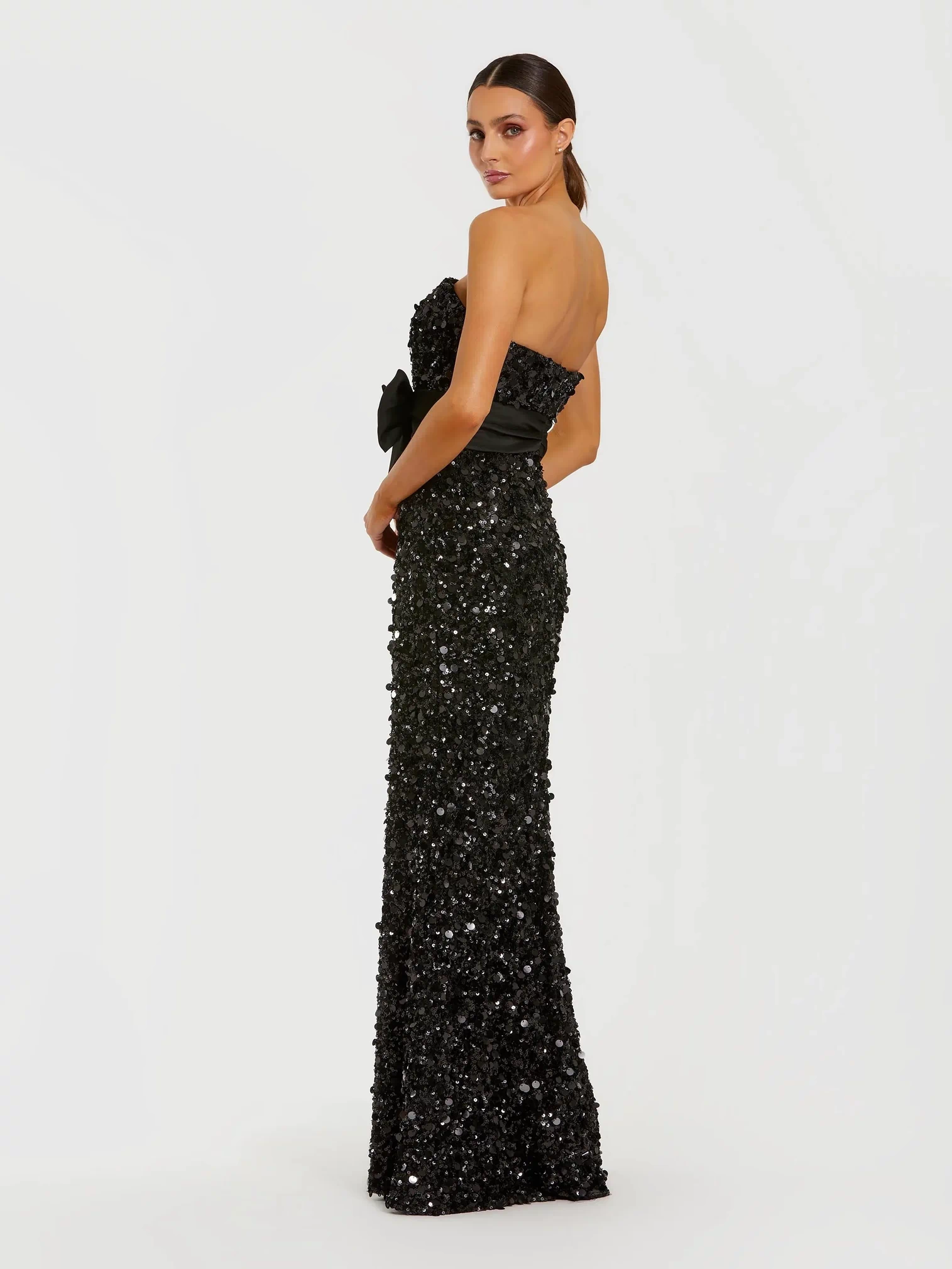 Black Strapless Sequin Column Evening Gown With Bow - Ieena for Mac Duggal