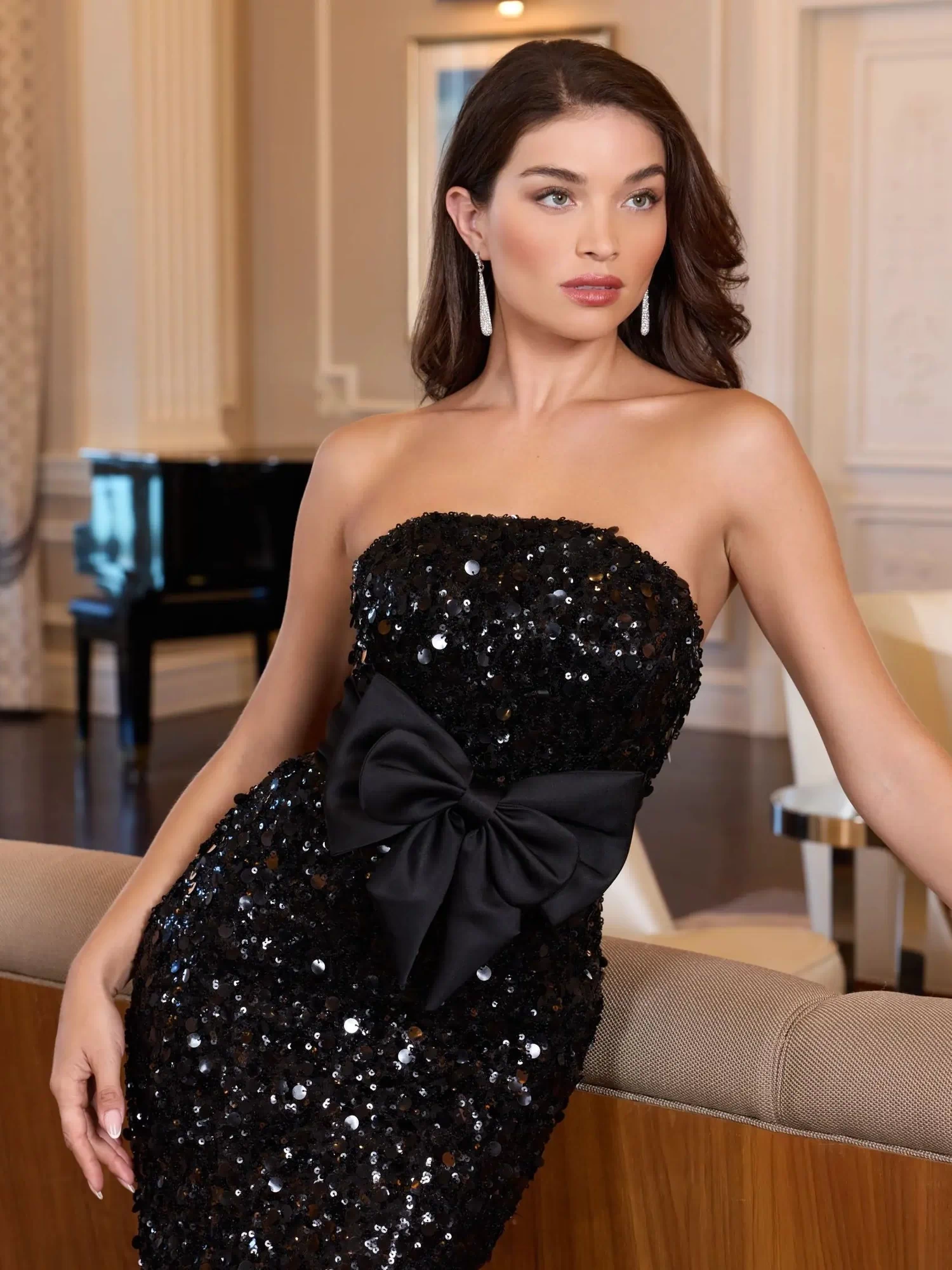 Black Strapless Sequin Evening Gown With Bow Ieena for Mac Duggal