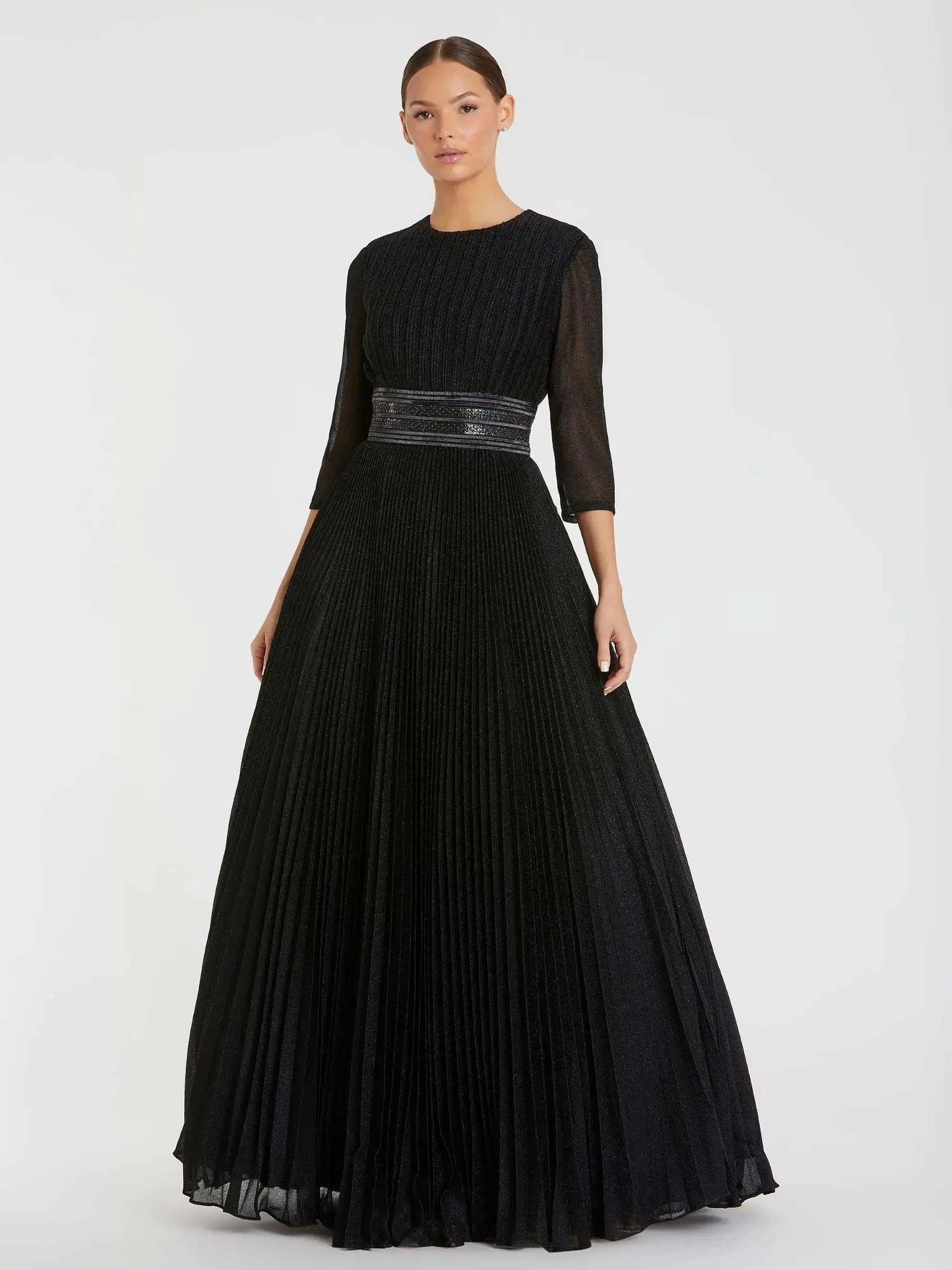 Black Shimmering Pleated  3/4 Sleeve Ball Gown