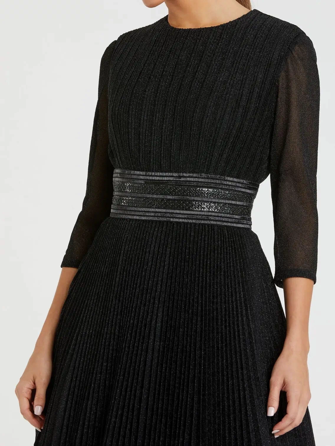 Black Shimmering Pleated A-Line 3/4 Sleeve Gown - Ieena for Mac Duggal