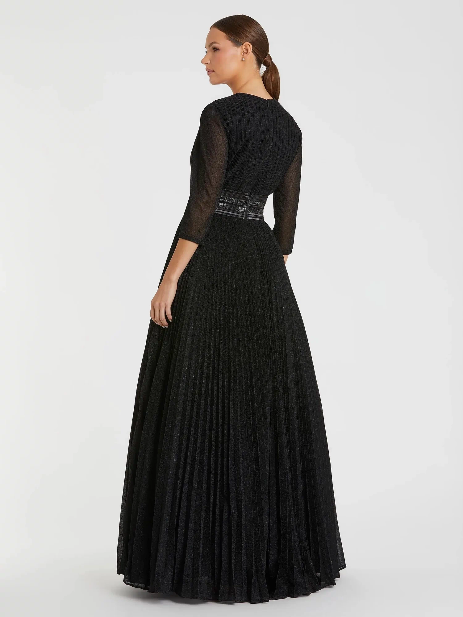 Black Shimmering Pleated A-Line 3/4 Sleeve Gown - Ieena for Mac Duggal