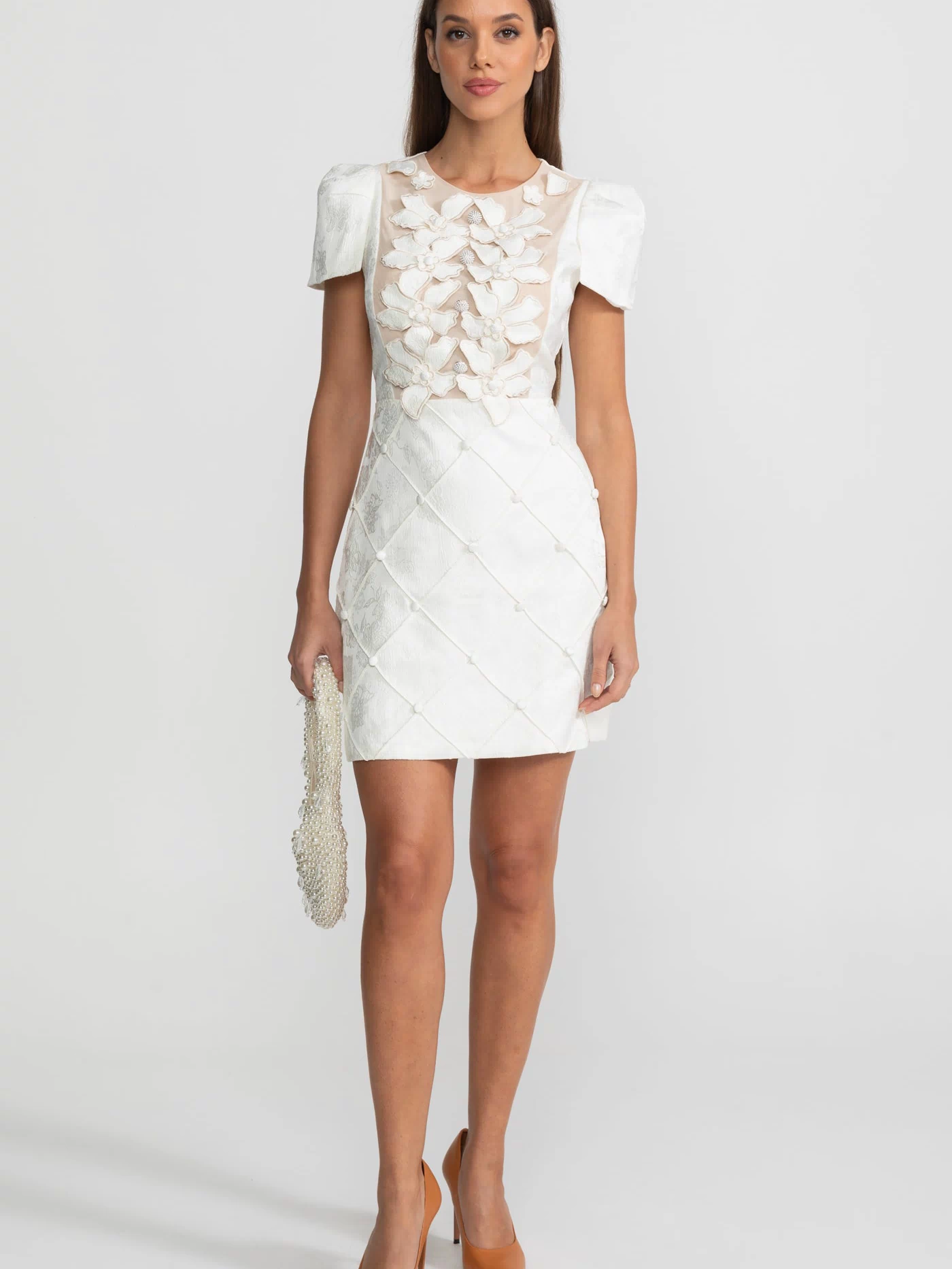 3D Floral Appliqué Mini Dress With Quilted Skirt  – White