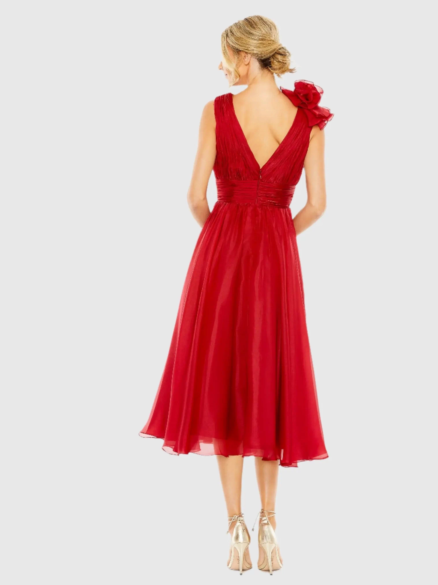 Red Sleeveless Chiffon A-Line Tea Length Cocktail Dress - Mac Duggal