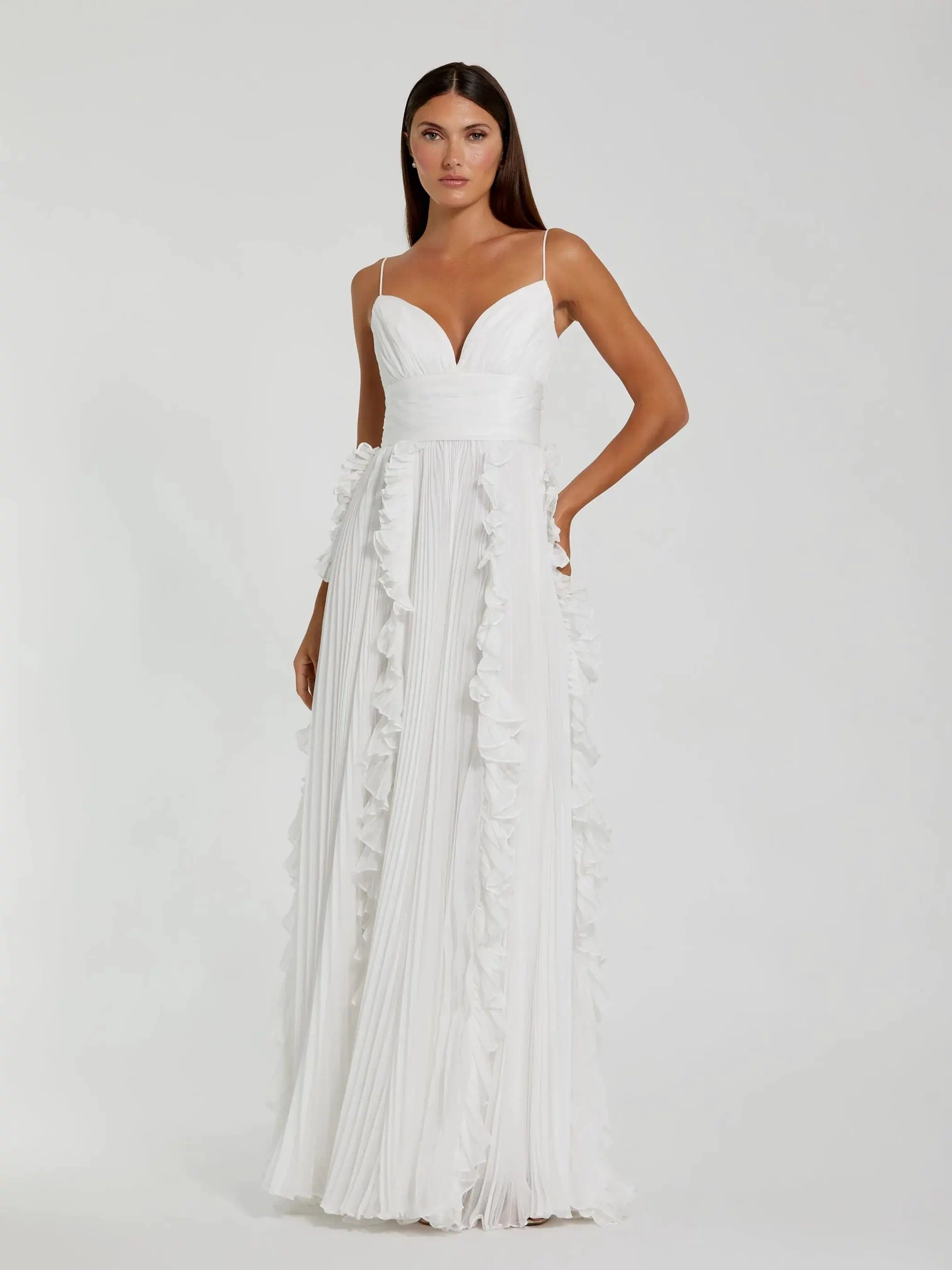 White Pleated Sleeveless Flowy Chiffon Gown