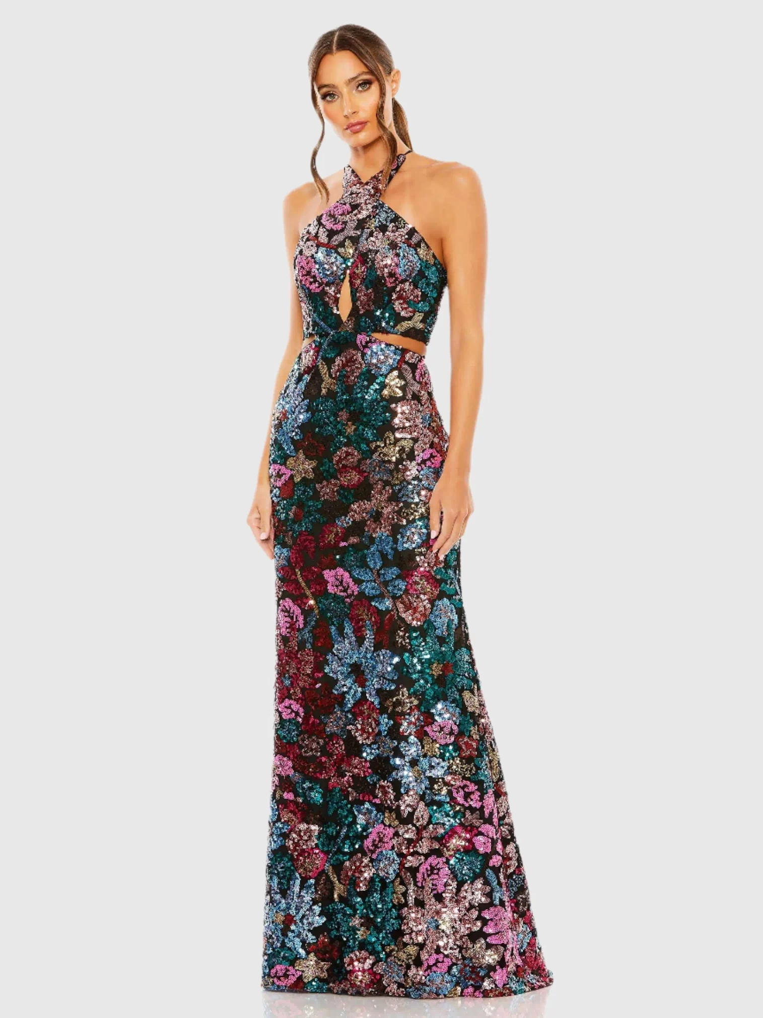 Black Sequin Embellished Cross Neck Gown
