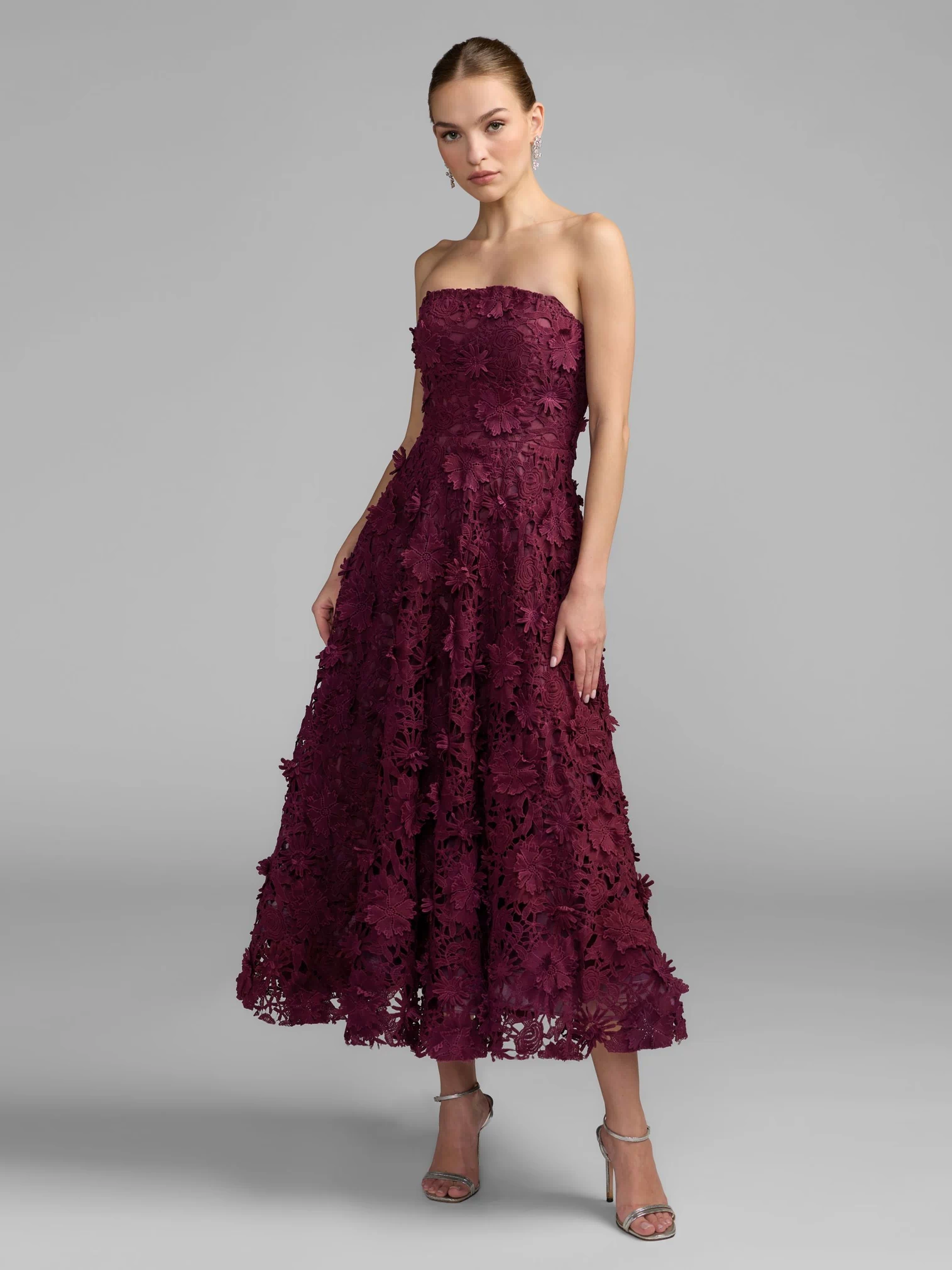 Plum Strapless Floral Embroidered Lace A-Line Dress