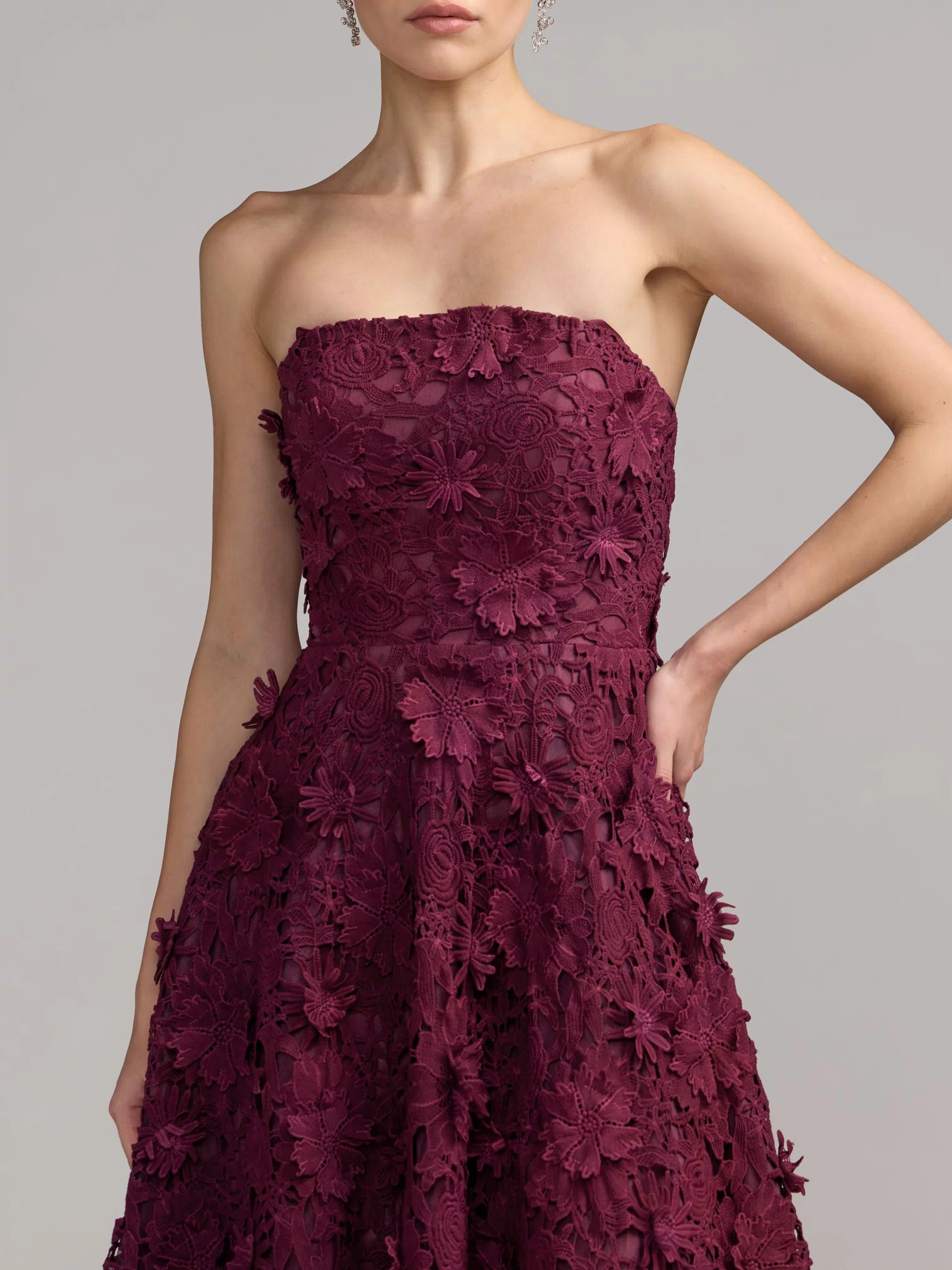 Plum Strapless Floral Embroidered Lace A-Line Dress - Ieena for Mac Duggal