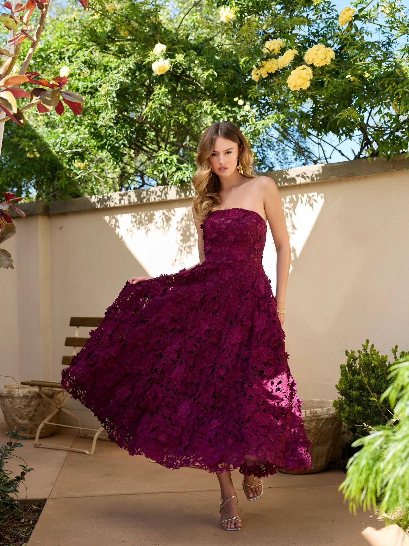 Plum Strapless Floral Embroidered Lace A-Line Dress - Ieena for Mac Duggal