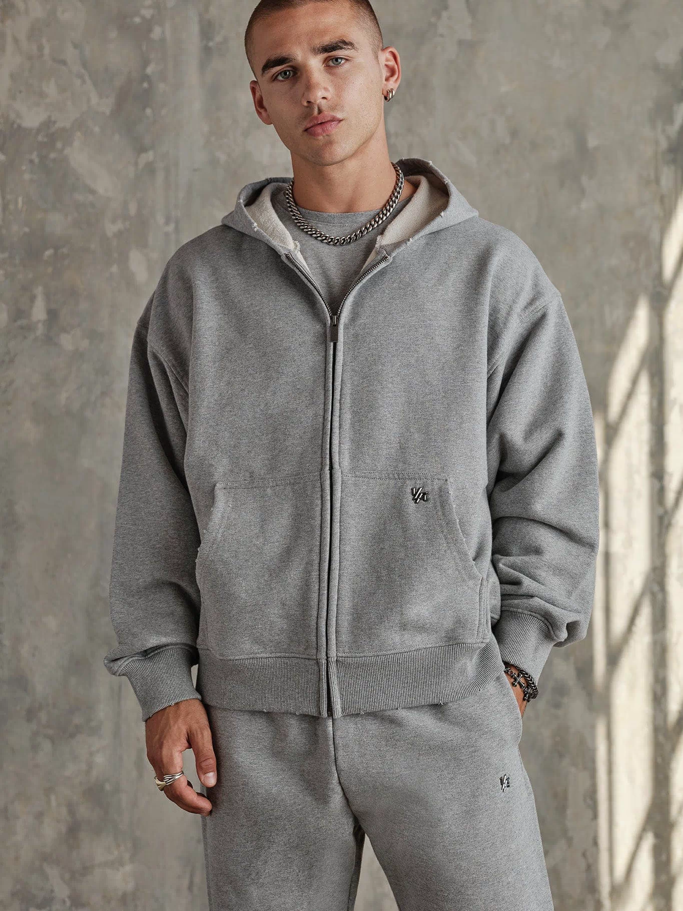 5102 - Elevated Essentials - Zip-Ups - Full-zip heavyweight terry cotton hoodie with front pockets, ribbed finishes, smooth zipper, and minimal 'Elevated' print in colour Heather Grey.
