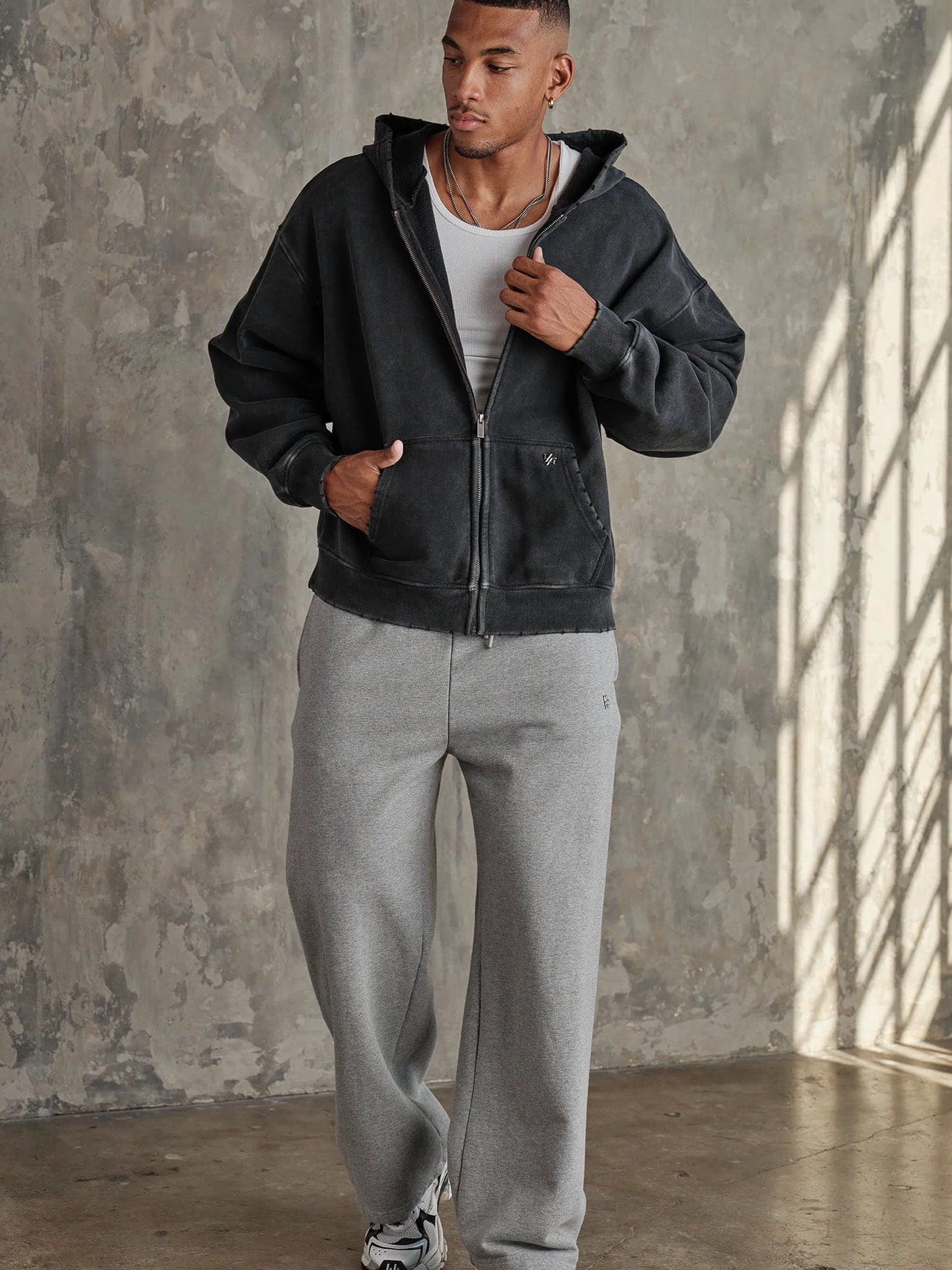 5102 - Elevated Essentials - Zip-Ups - Full-zip heavyweight terry cotton hoodie with front pockets, ribbed finishes, smooth zipper, and minimal 'Elevated' print in colour Black Wash.