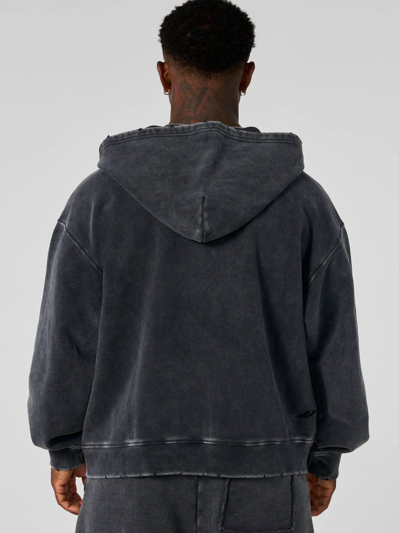 5102 - Elevated Essentials - Zip-Ups - Full-zip heavyweight terry cotton hoodie with front pockets, ribbed finishes, smooth zipper, and minimal 'Elevated' print in colour Grey Wash.