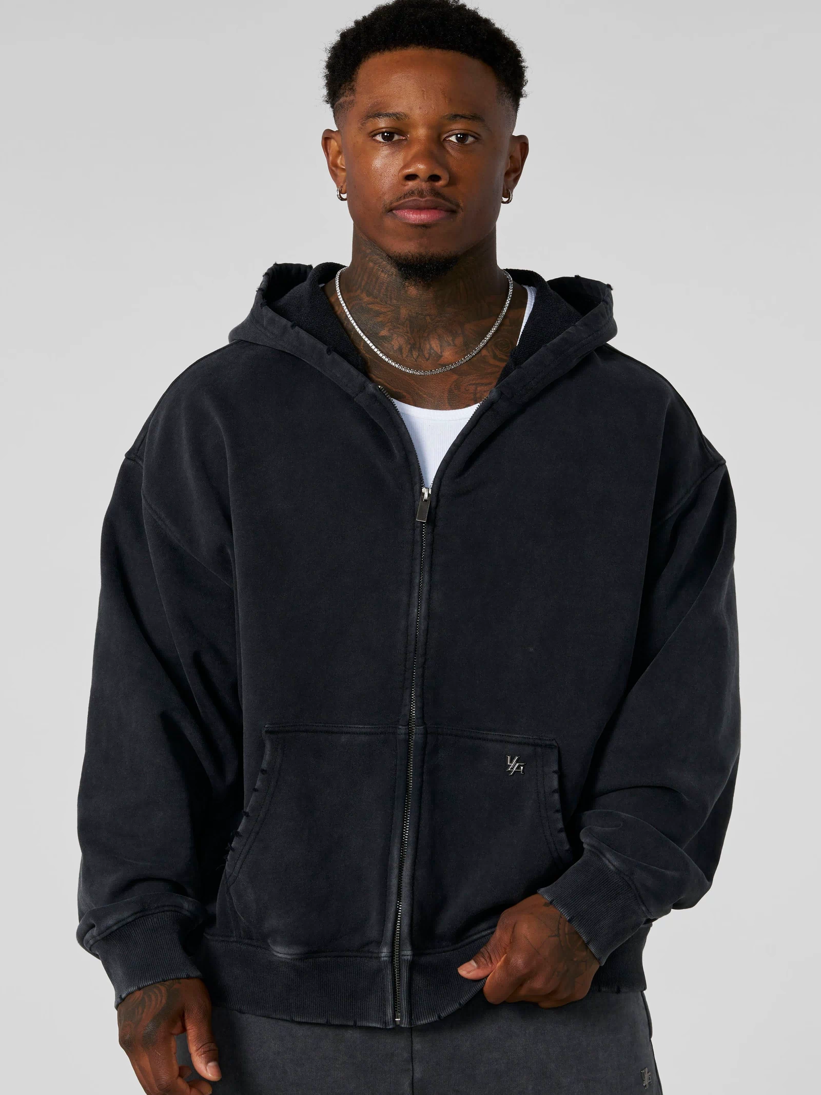 5102 - Elevated Essentials - Zip-Ups - Full-zip heavyweight terry cotton hoodie with front pockets, ribbed finishes, smooth zipper, and minimal 'Elevated' print in colour Black Wash.