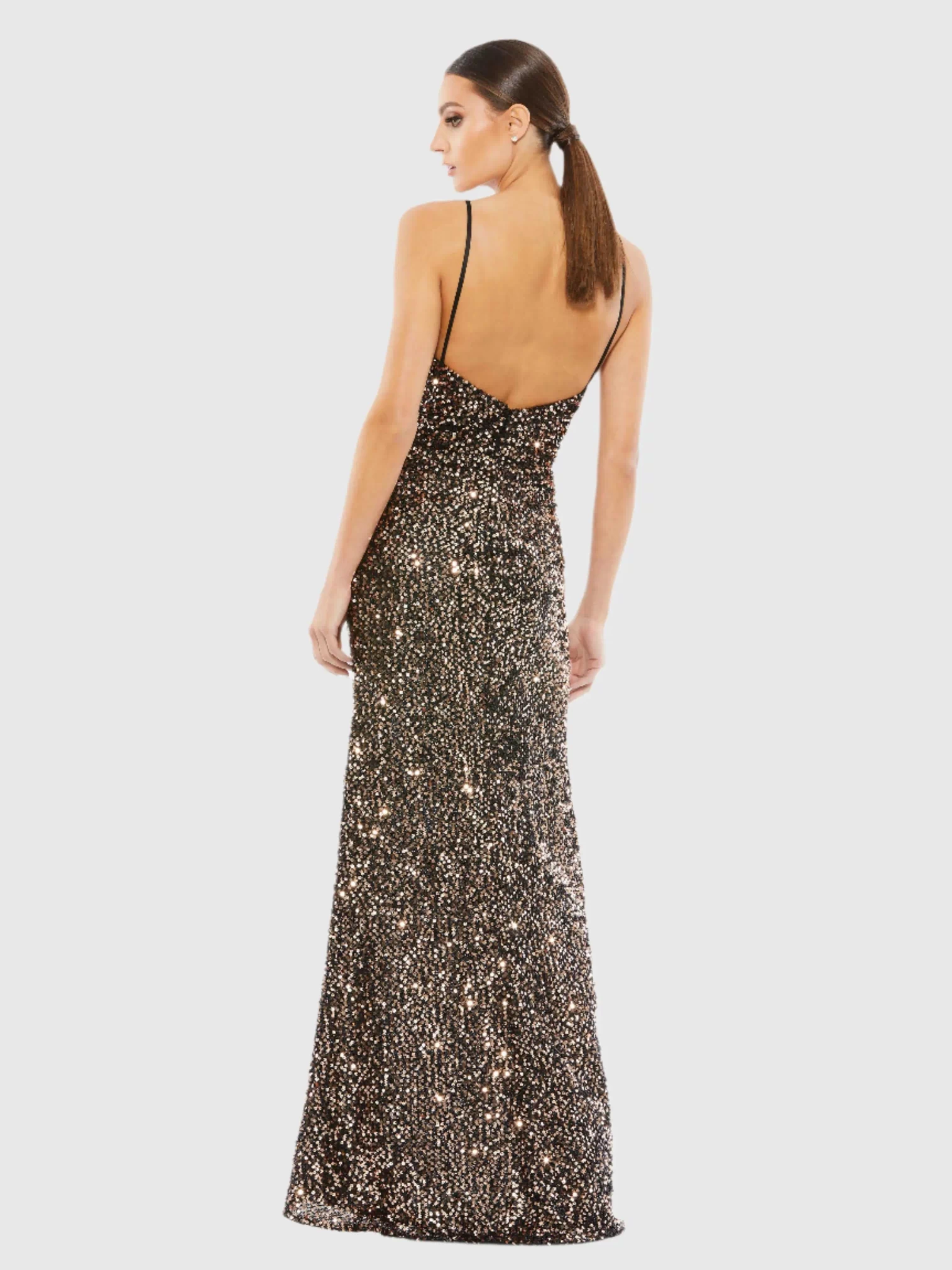 Black and Brown Gathered Waist Sequin Gown - Ieena for Mac Duggal
